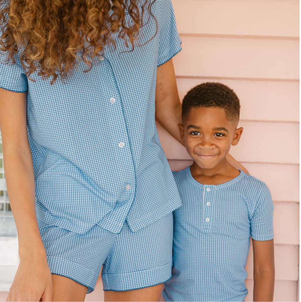Women's Sky Blue Gingham Collared Shirt And Short Pima Pajamas Set