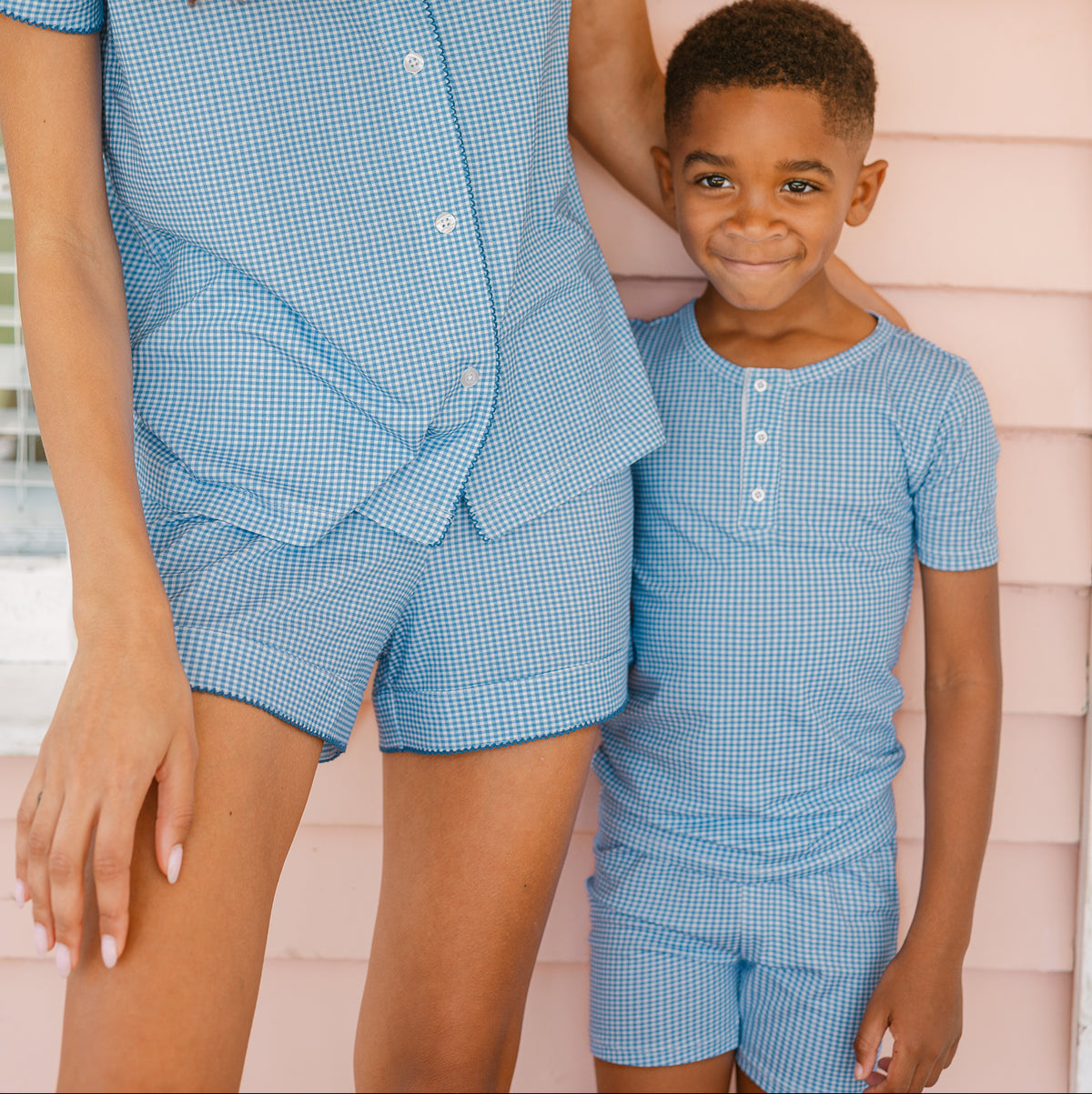 Unisex Sky Blue Gingham Shirt And Short Pima Pajamas Set