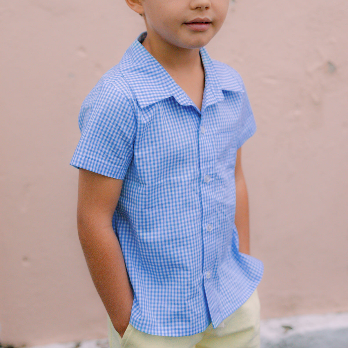 Boys Sky Blue Gingham Short Sleeve Button Down Shirt