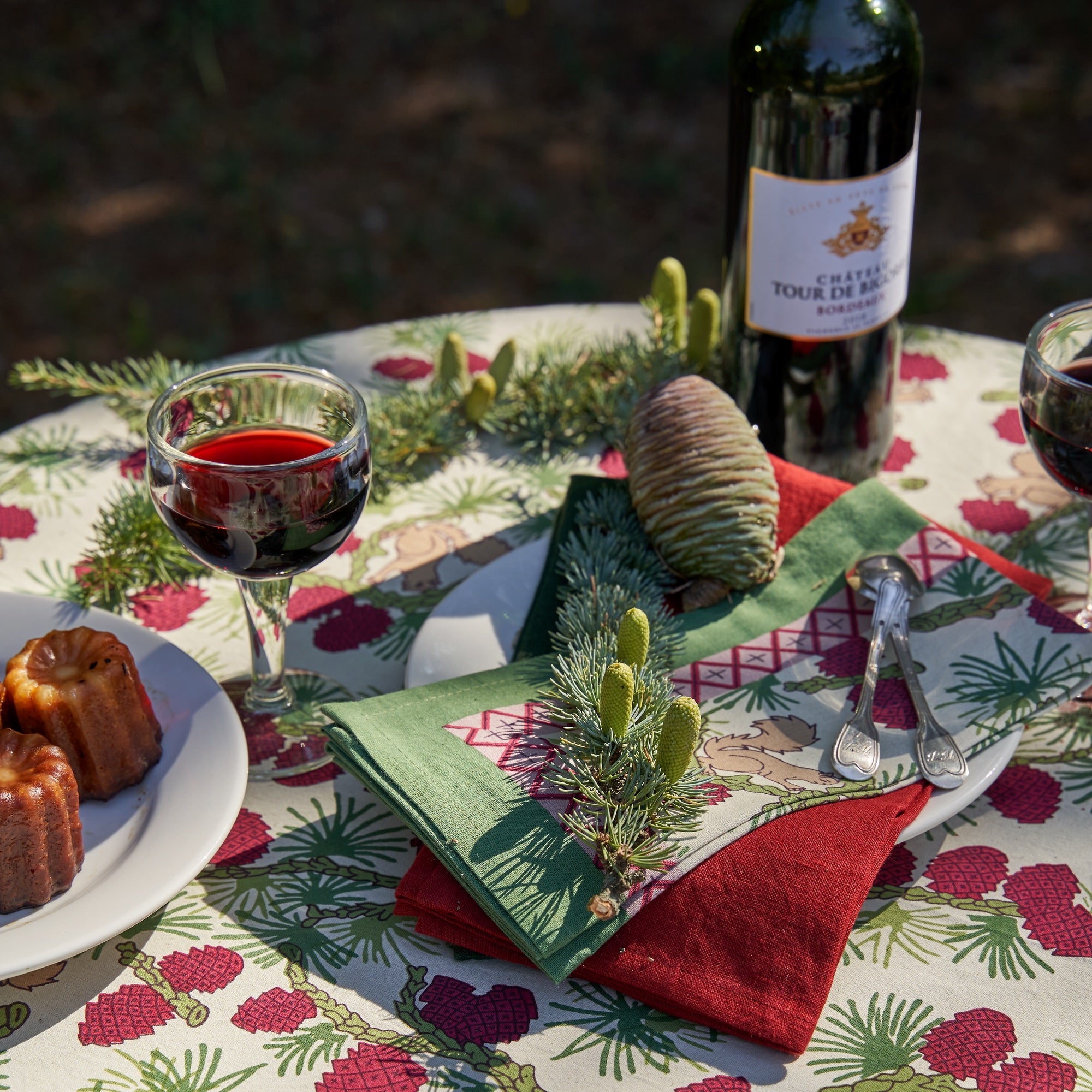 Squirrel and Pinecone Tea Towels in Red & Brown, Set of 3