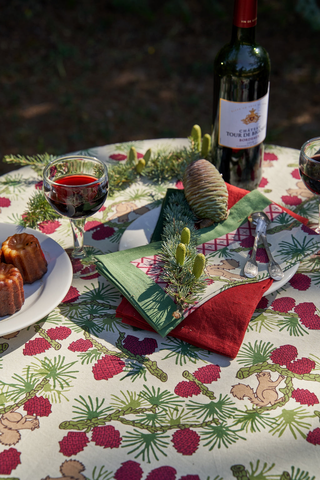 Squirrel and Pinecone Tea Towels in Red & Brown, Set of 3