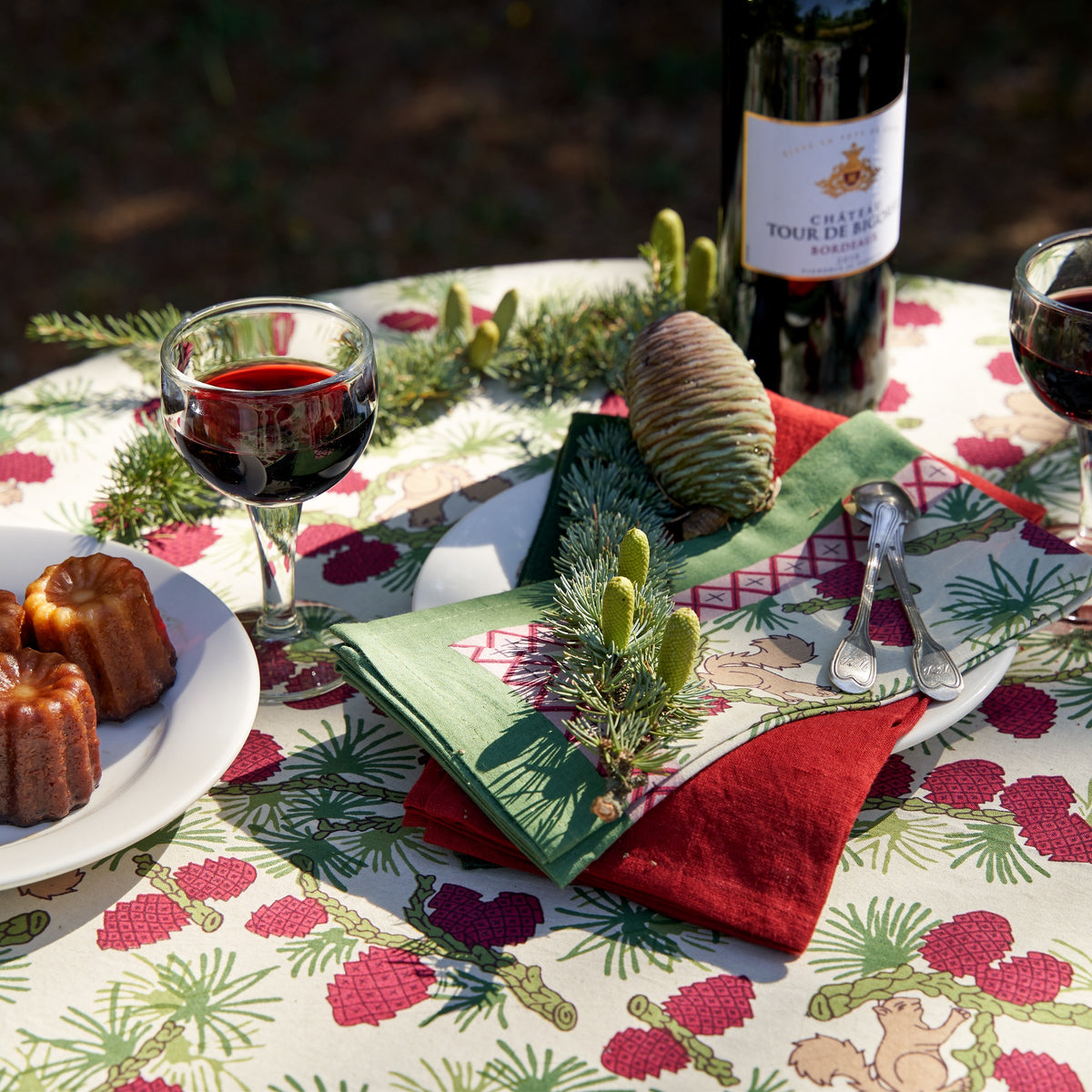 Squirrel and Pinecone Tea Towels in Red & Brown, Set of 3