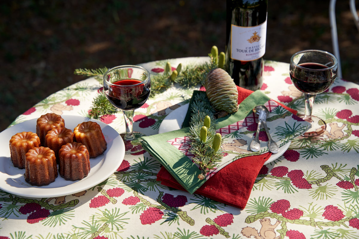 Squirrel and Pinecone Tea Towels in Red & Brown, Set of 3