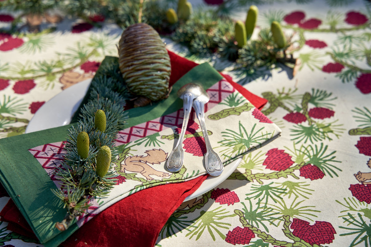 Squirrel and Pinecone Tea Towels in Red & Brown, Set of 3