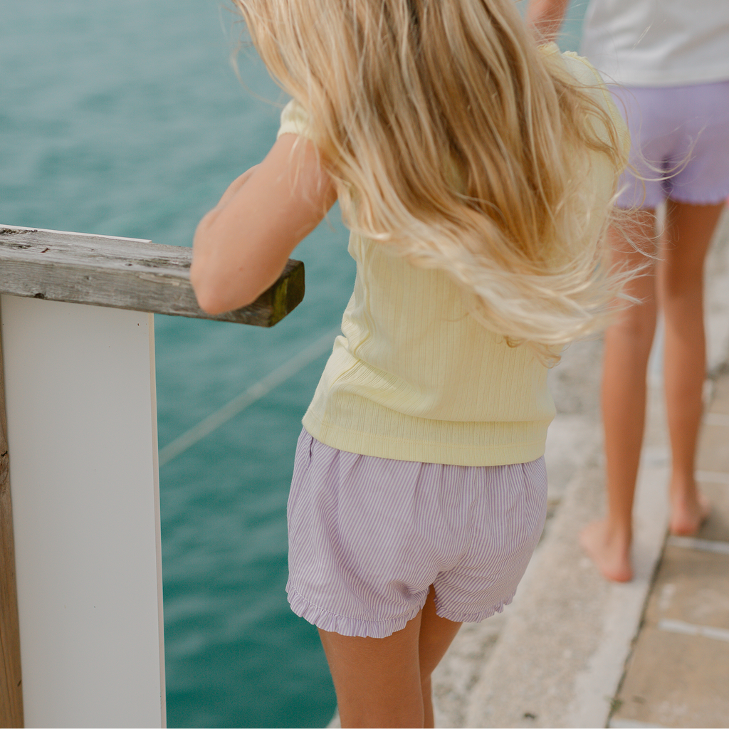 Girls Lavender Stripe Ruffle Shorts