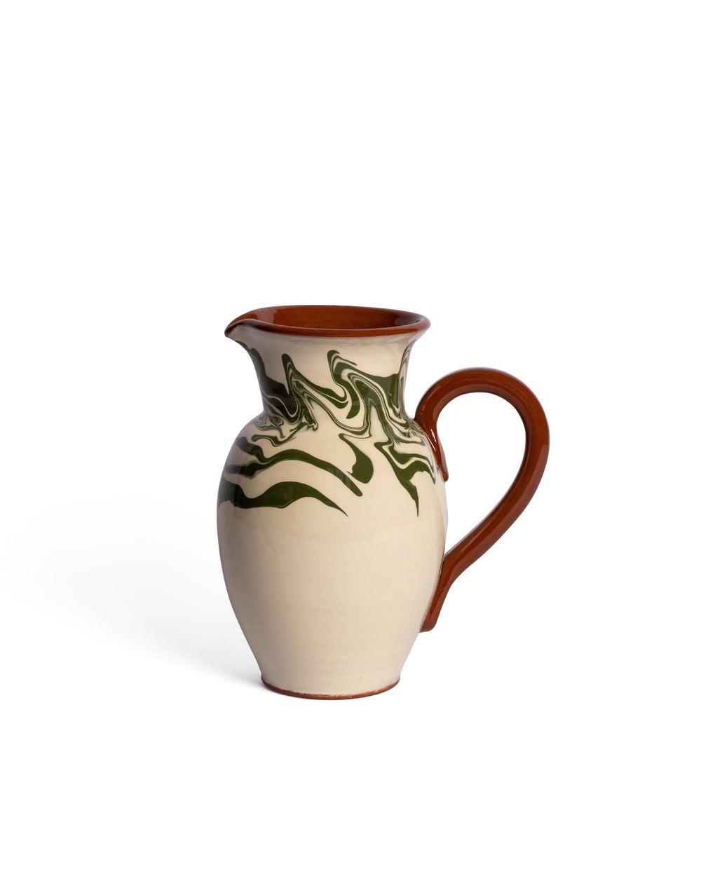 Three-quarter view of Marbre ceramic jug showcasing green marbled pattern, terracotta rim and handle on white background
