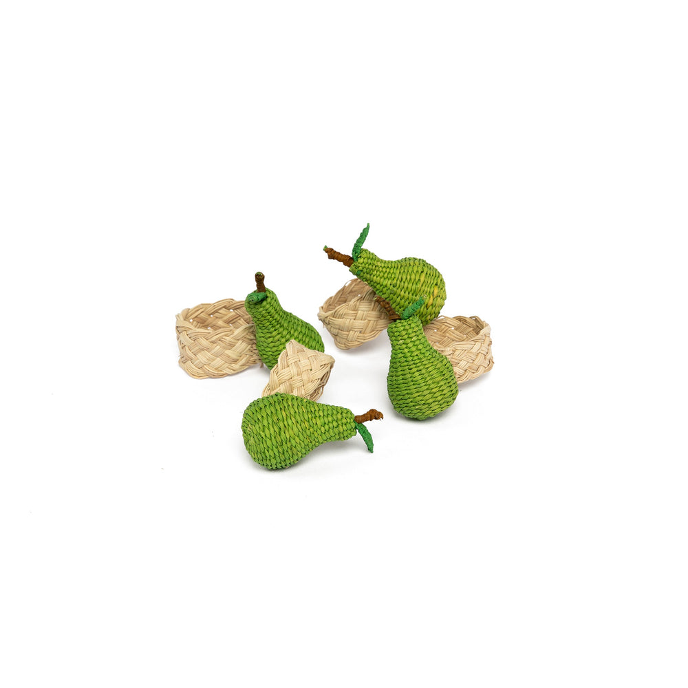 Front view of pear-shaped napkin rings showcasing green iraca weave and natural braided rings on white background
