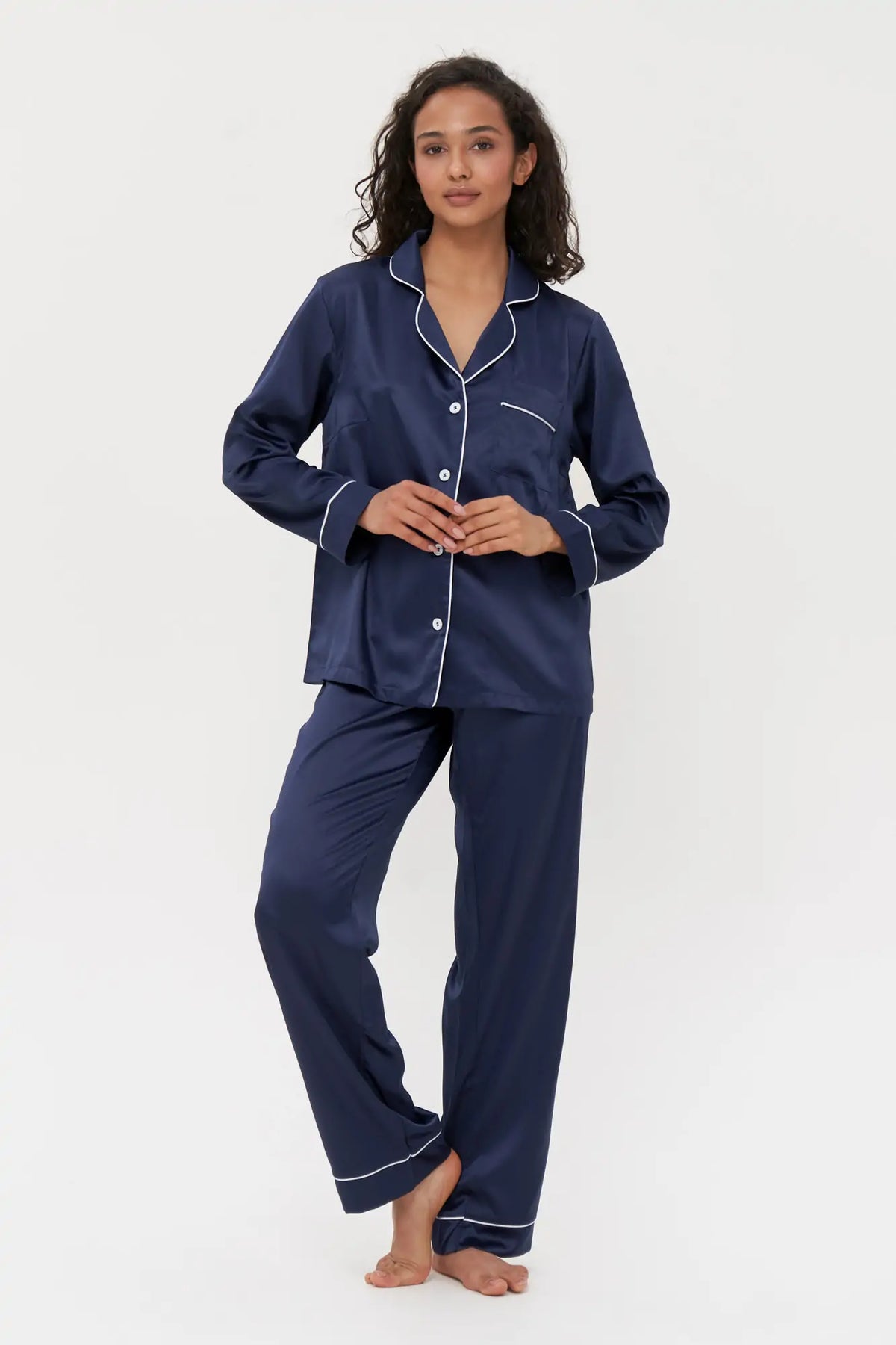 Long Silky Satin Button Up Pajamas