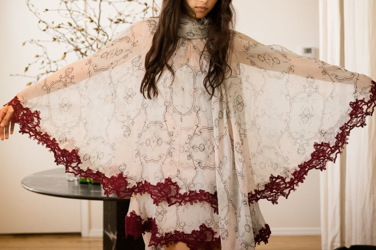 Wylie Scarf Dress in Printed Crinkled Chiffon with Mohair Lace Trim