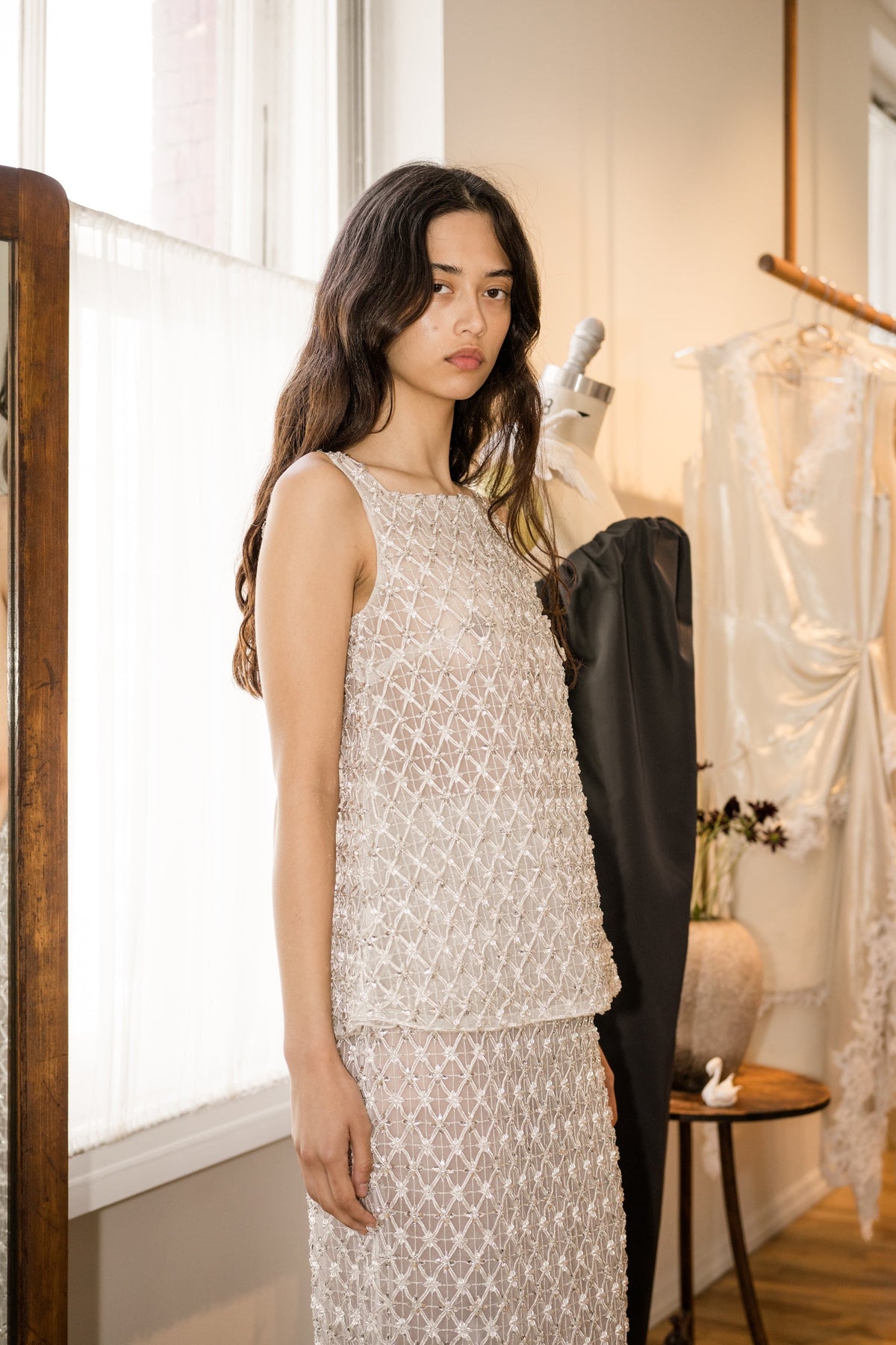 Chloe Tank in Crystal Lattice Embroidery