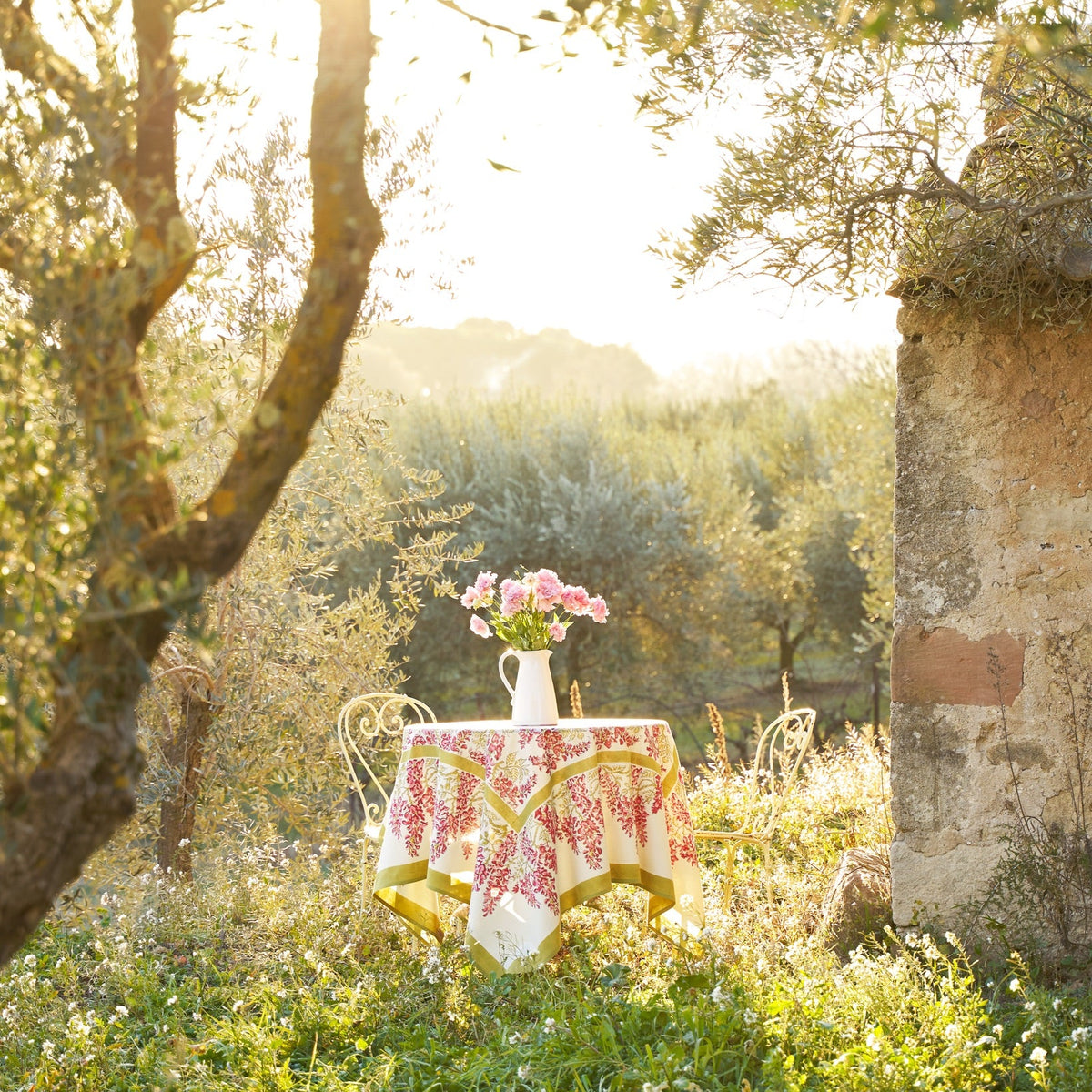 French Tablecloth Wisteria Green & Pink