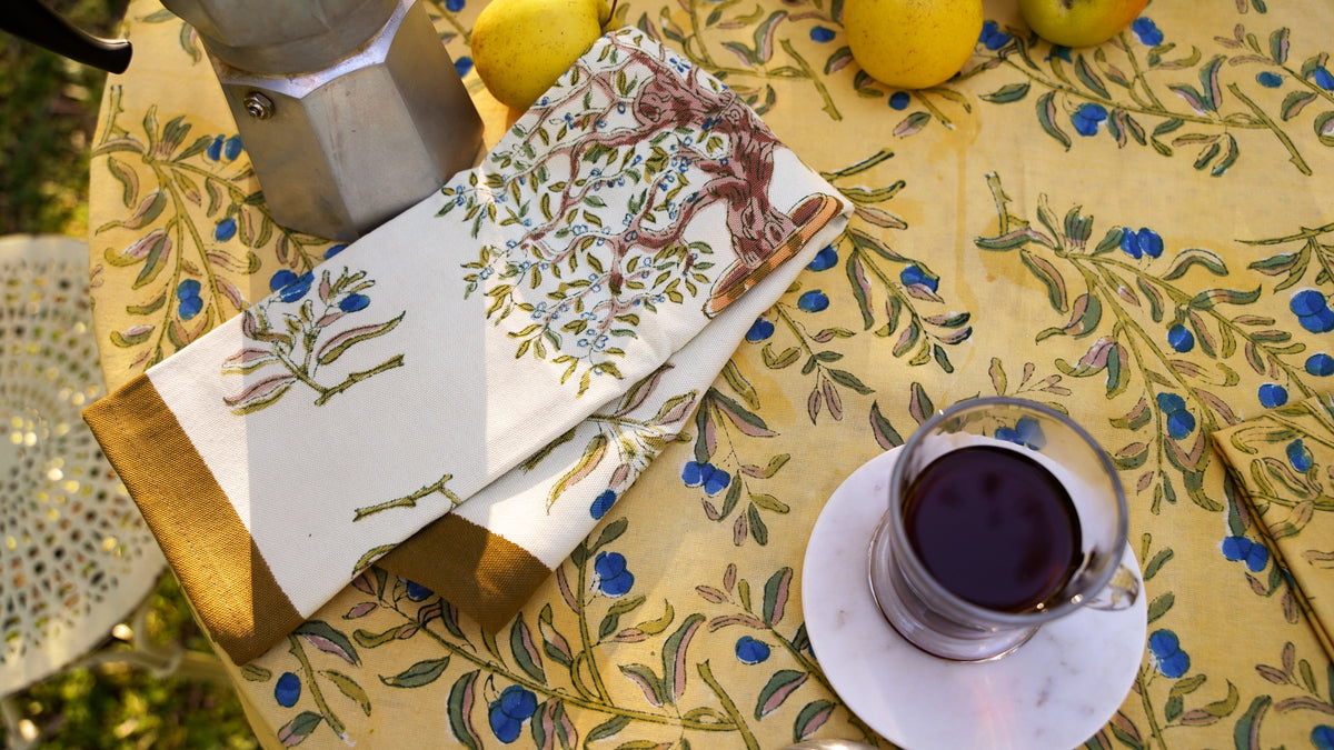 Olive Tree Tea Towels in Khaki & Blue, Set of 3