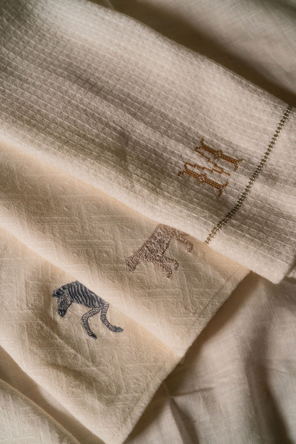 Liege Hand Towel in Ivory White Waffle with Olive Green Hemstitch