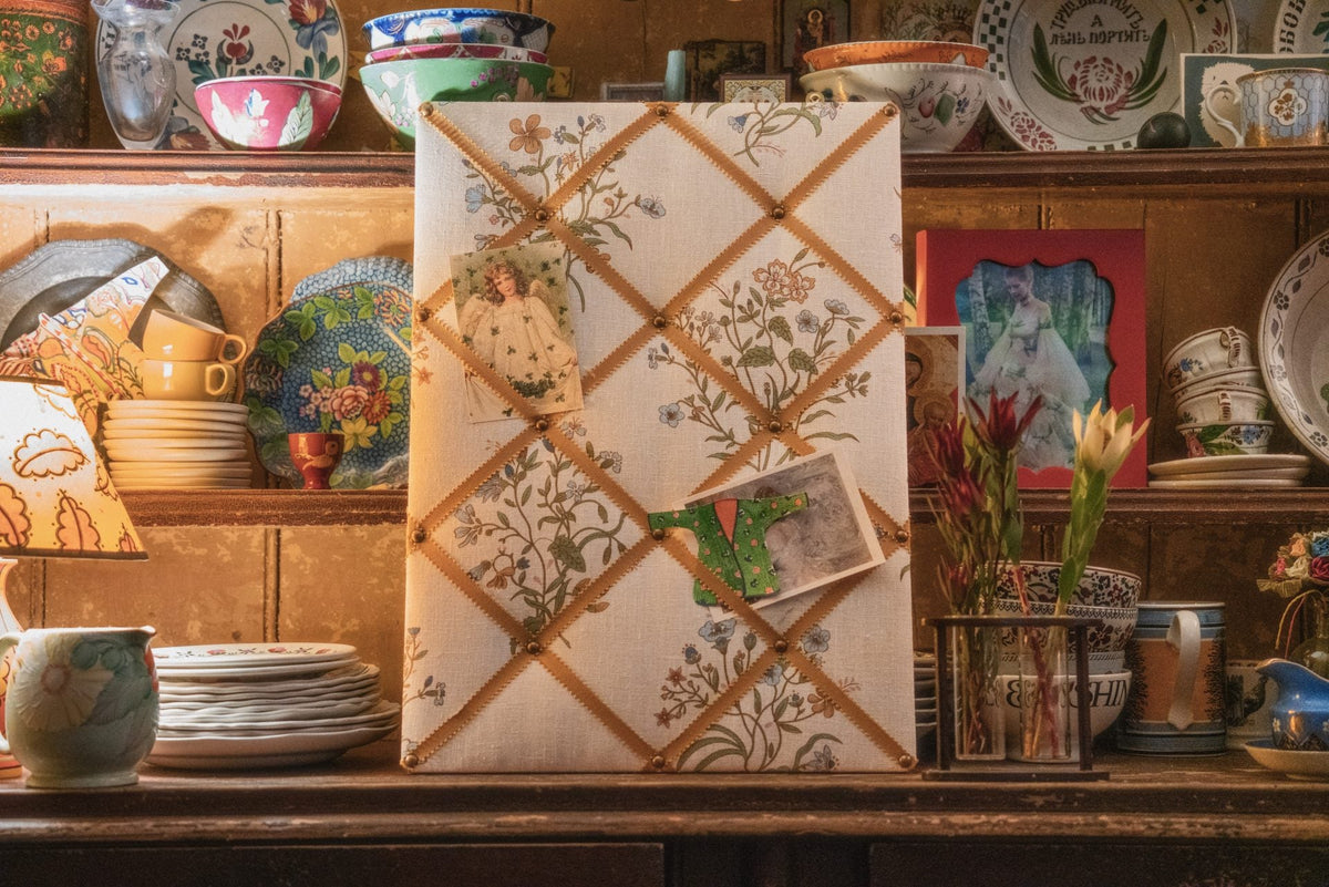 Ribboned Bulletin Board in Flax & Field Flower Print in Multi/Oyster with Ochre Trim