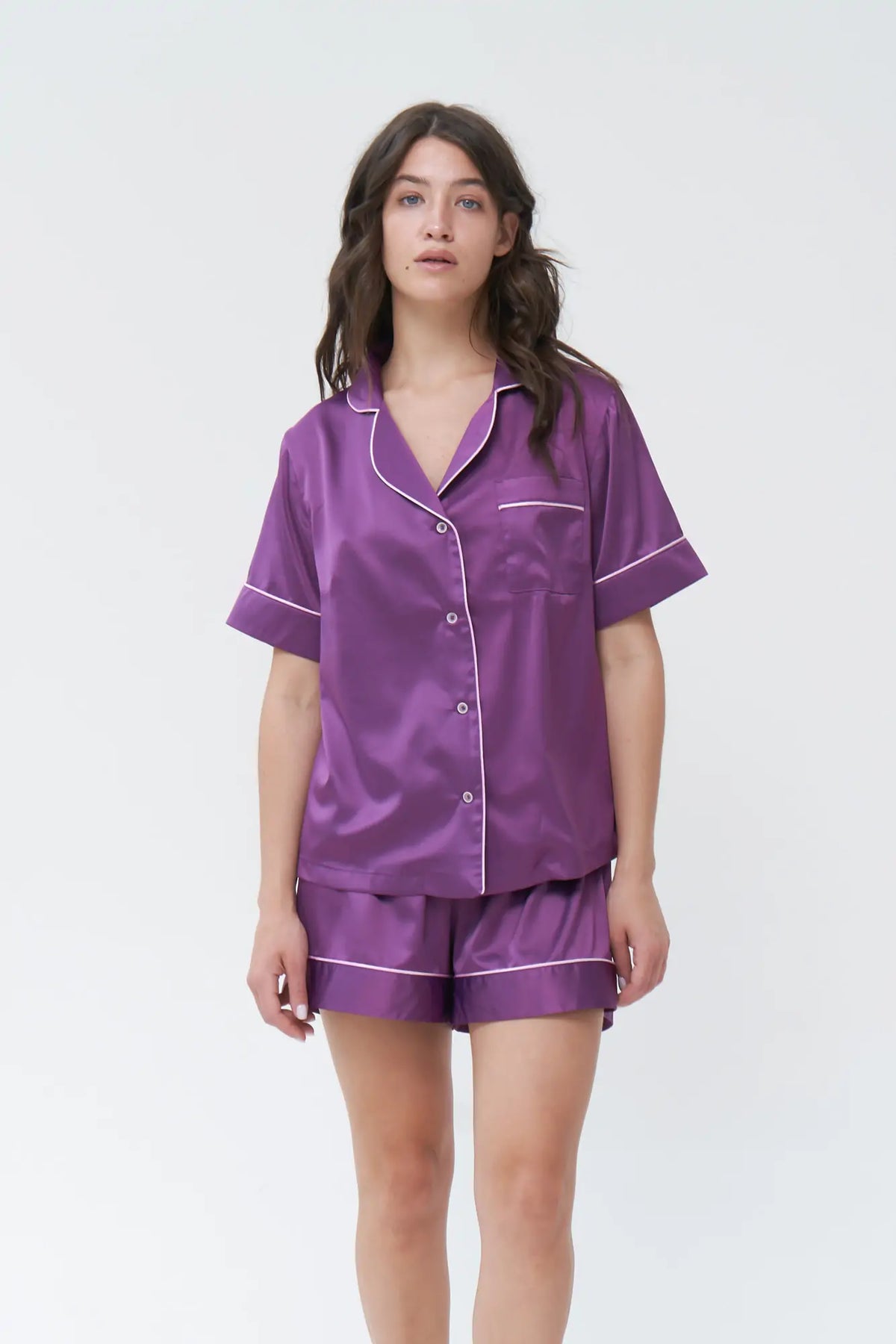 Short Silky Satin Button Up Pajamas