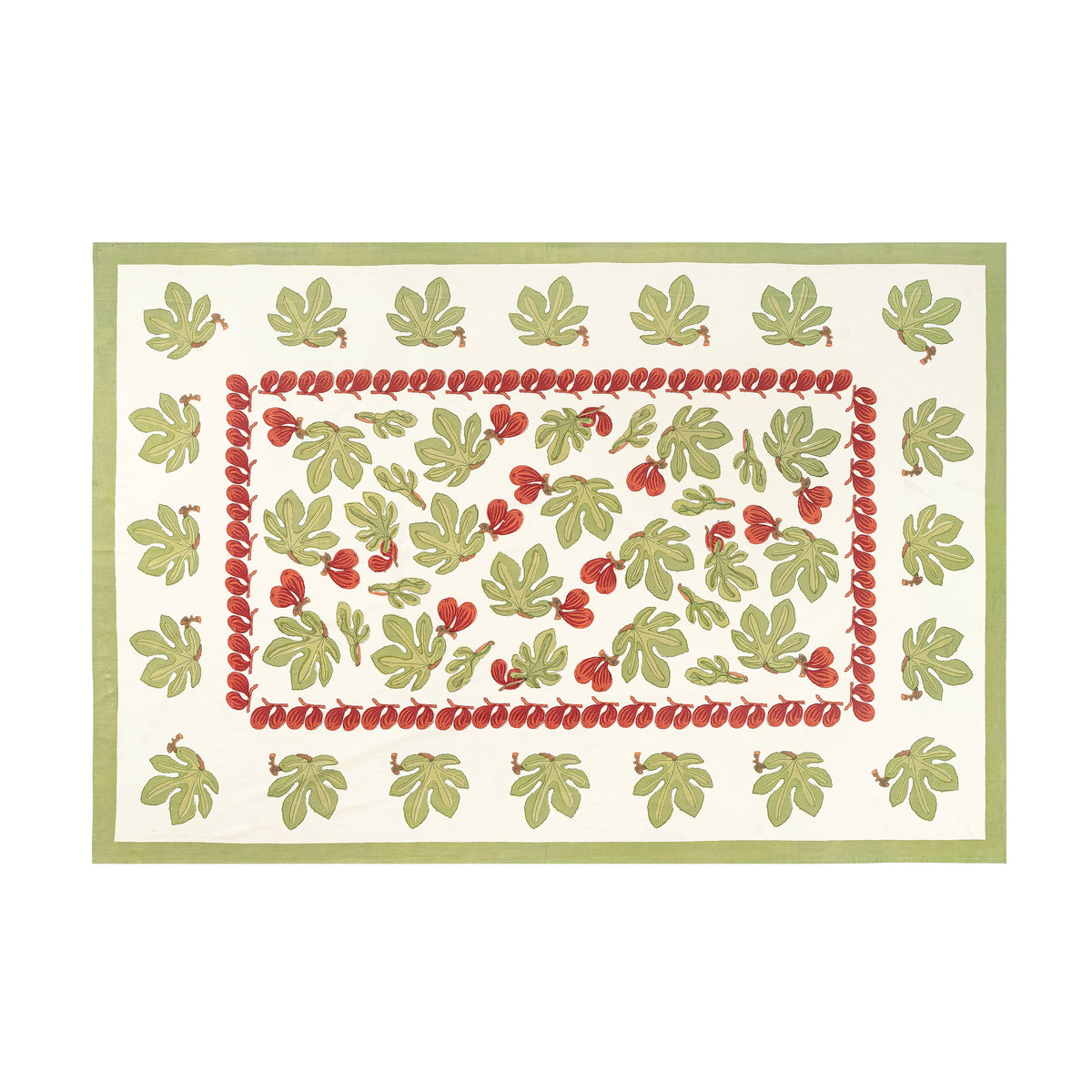 Full view of French Tablecloth Fig in Red and Green showcasing red figs and green leaves on an ivory background