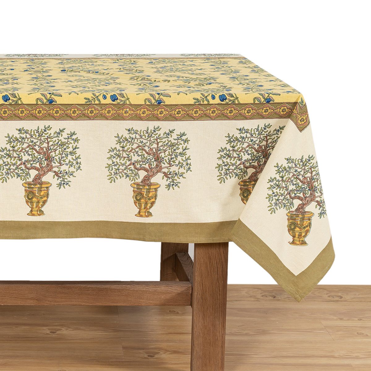 Olive Tree Tablecloth in Khaki & Blue