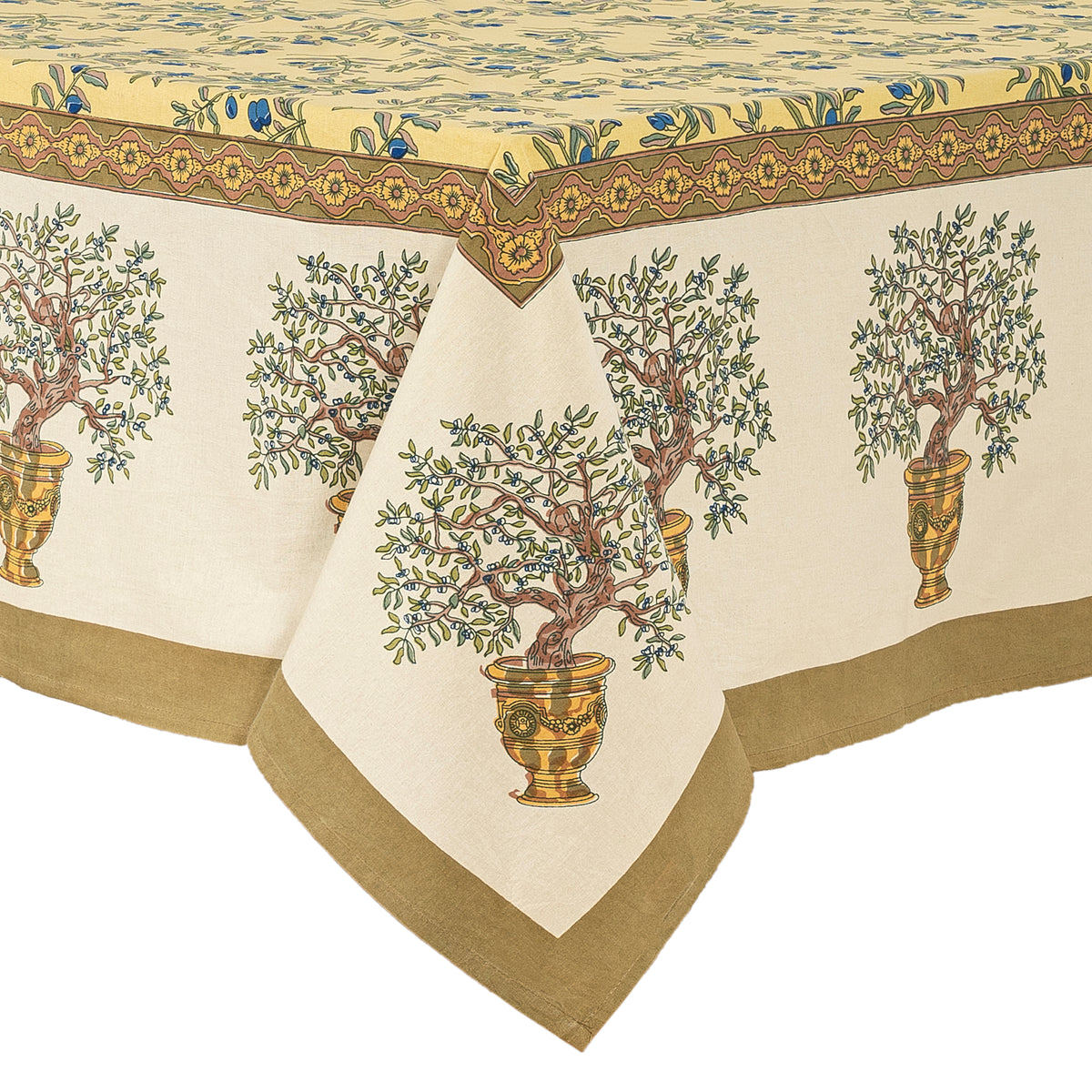 Olive Tree Tablecloth in Khaki & Blue