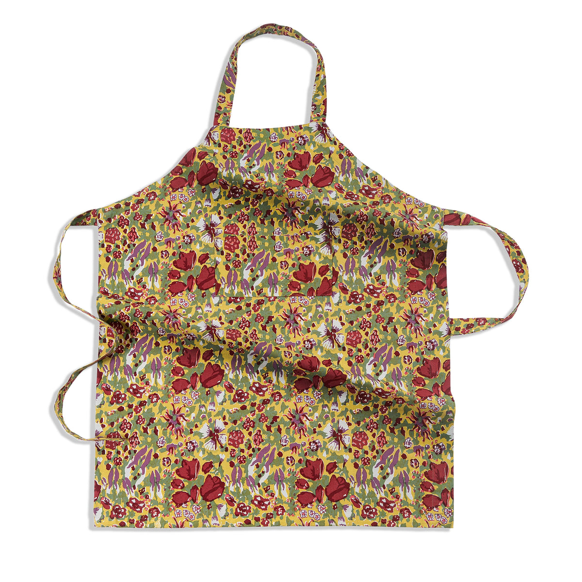 Front view of Jardin Apron Red & Green showcasing its floral pattern and generous front pocket with a white background