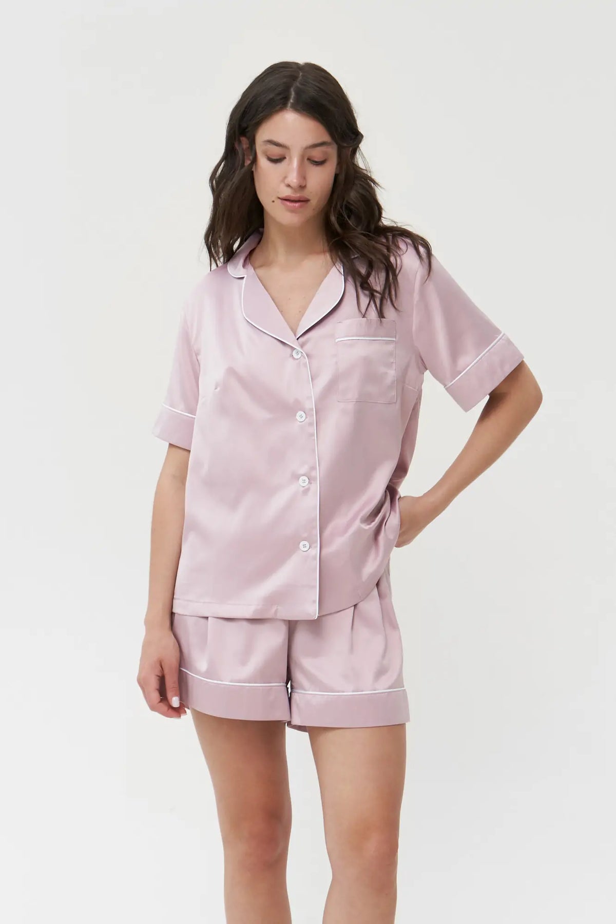 Short Silky Satin Button Up Pajamas