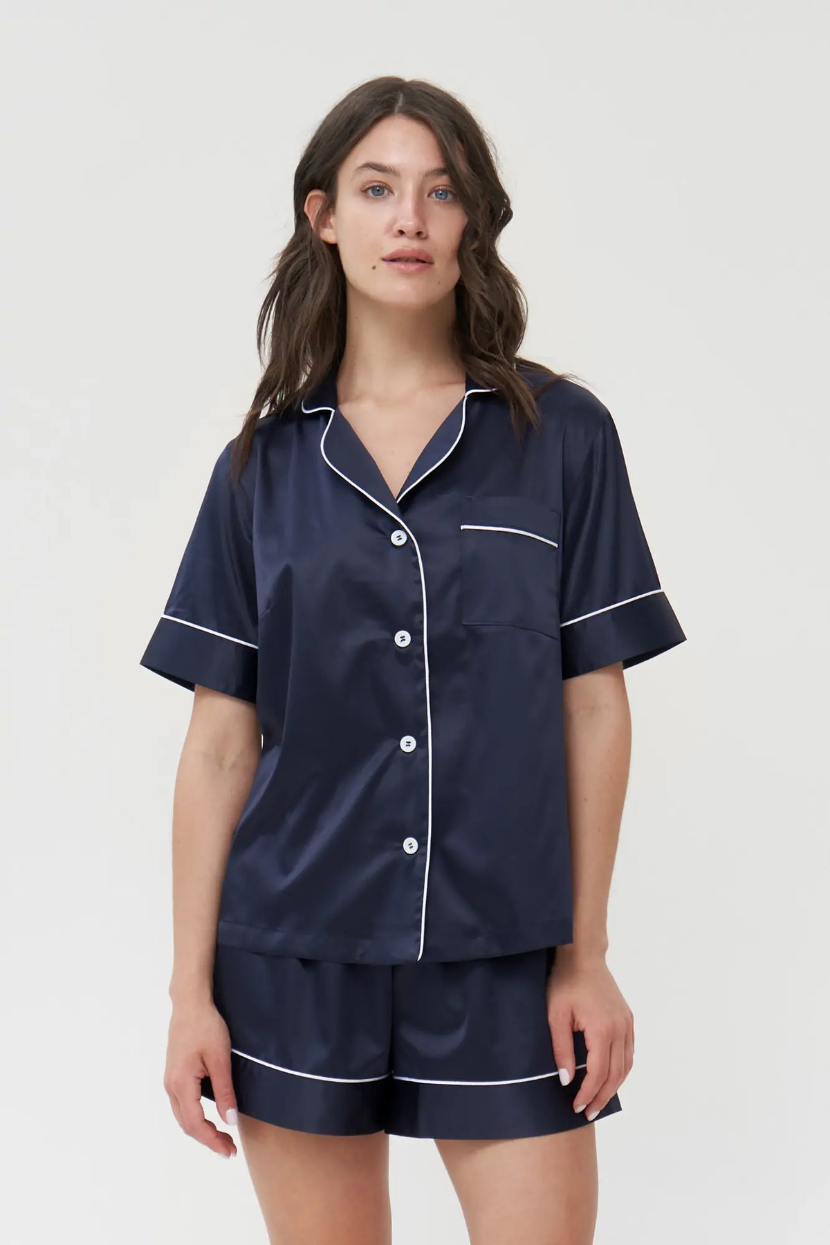 Short Silky Satin Button Up Pajamas