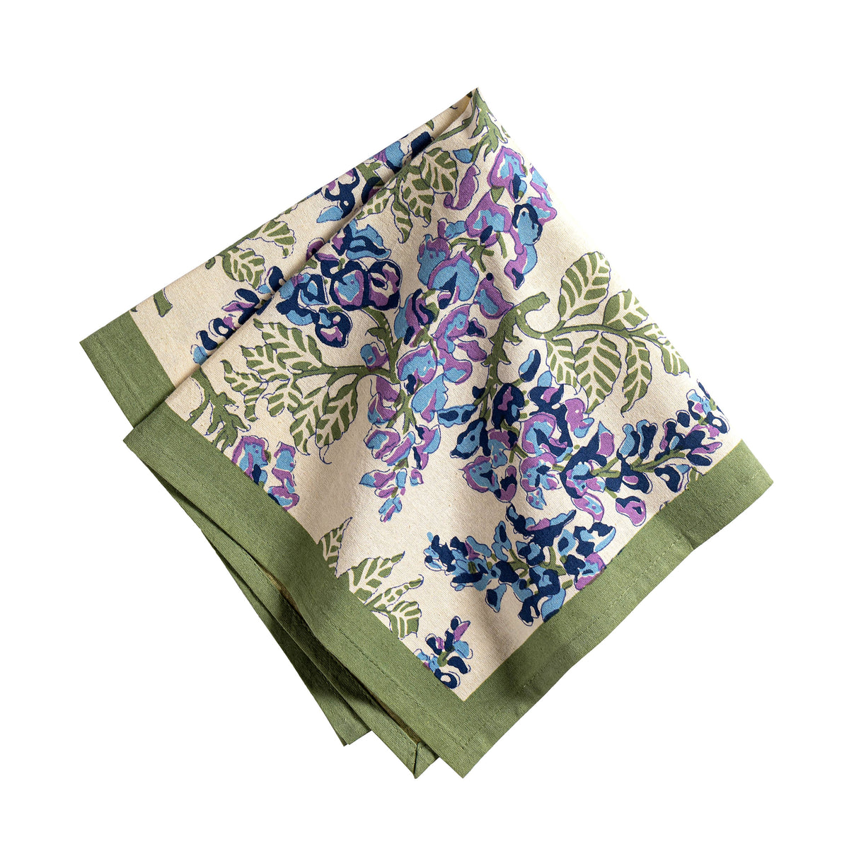 Close-up of Wisteria Green & Blue Napkins, Set of 6 showcasing floral print and green borders on white background