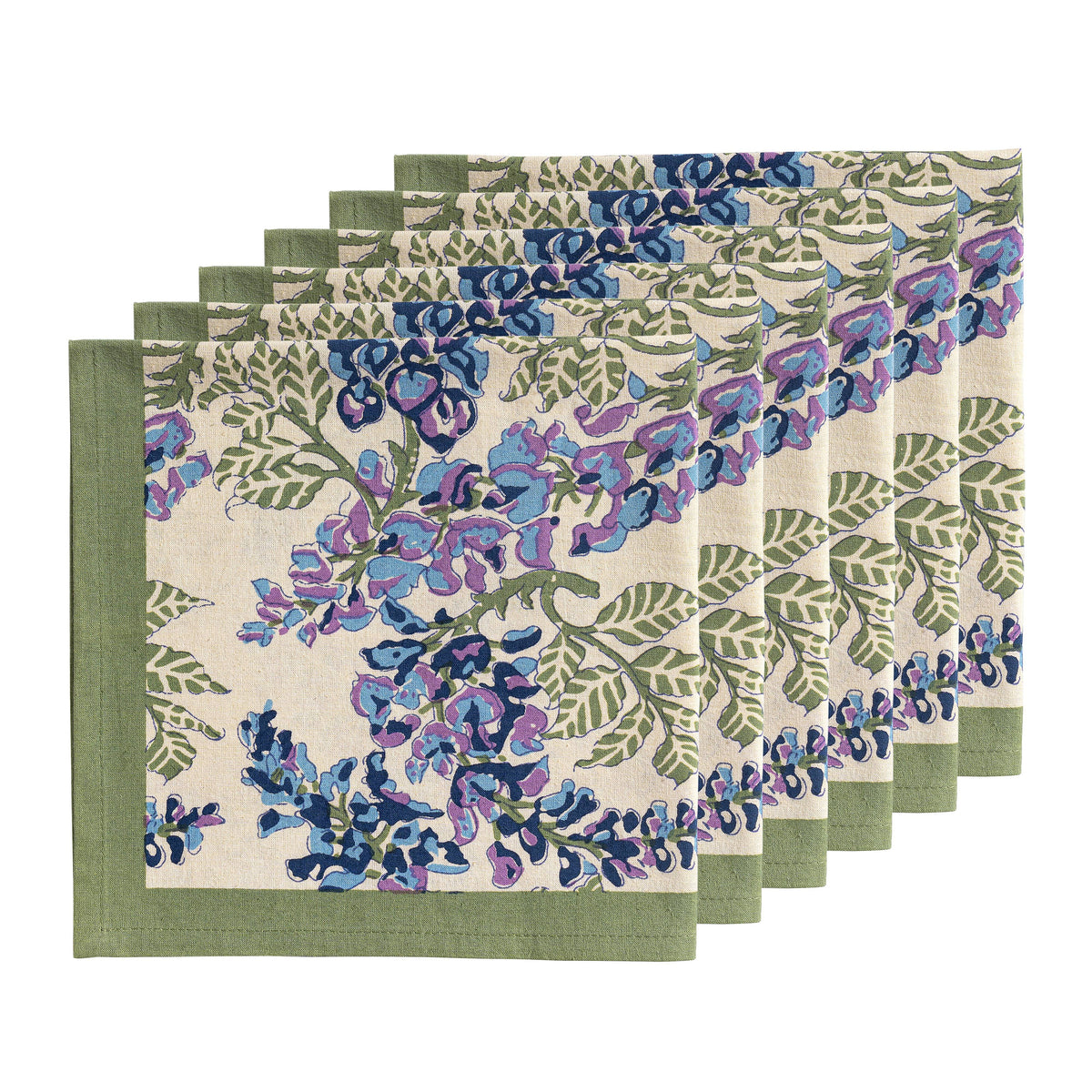 Front view of Wisteria Green & Blue Napkins, Set of 6 showcasing floral pattern and green borders on a white background