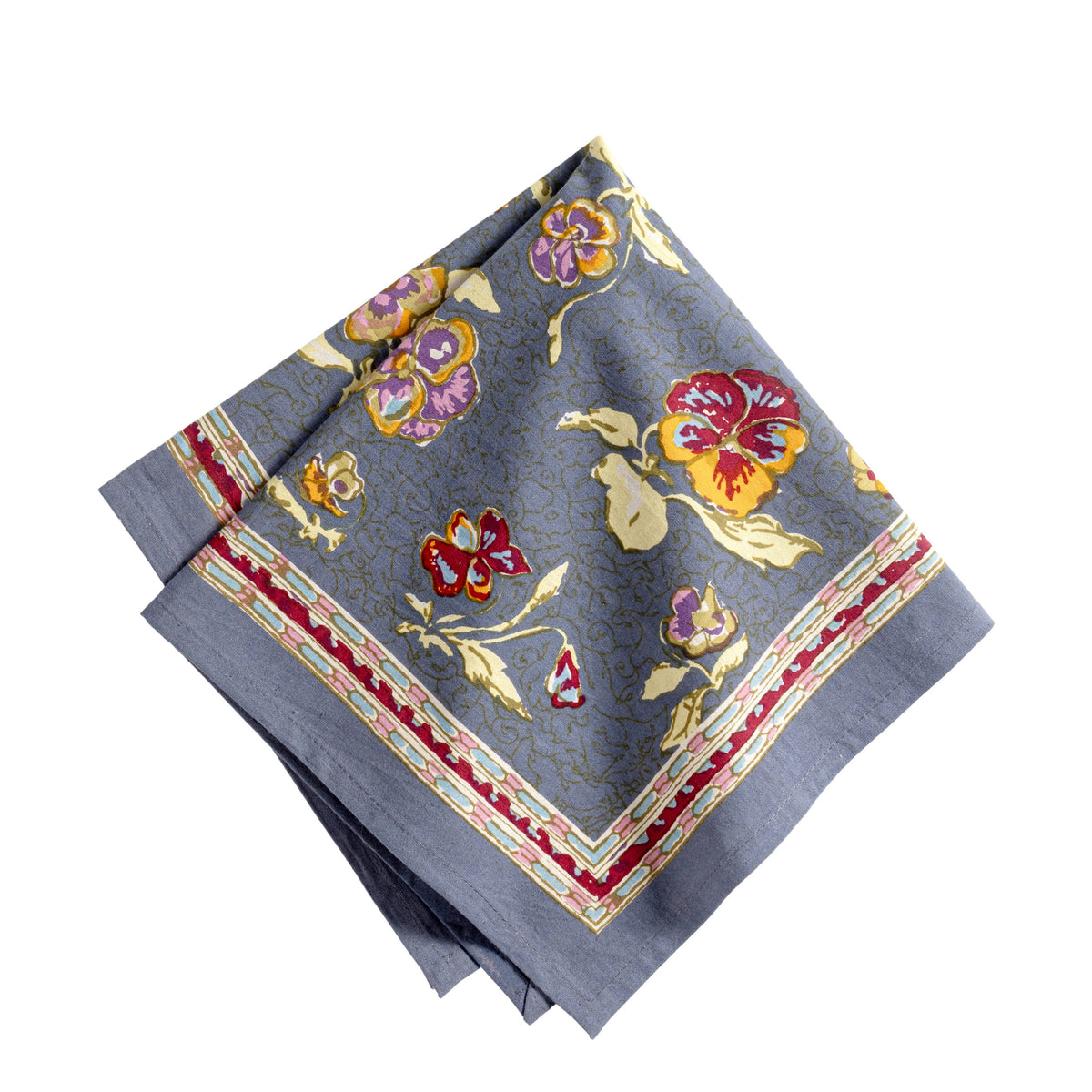 Close-up view of Pansy Napkins Red & Grey, Set of 6 showcasing floral pattern and folded cotton fabric on a white background