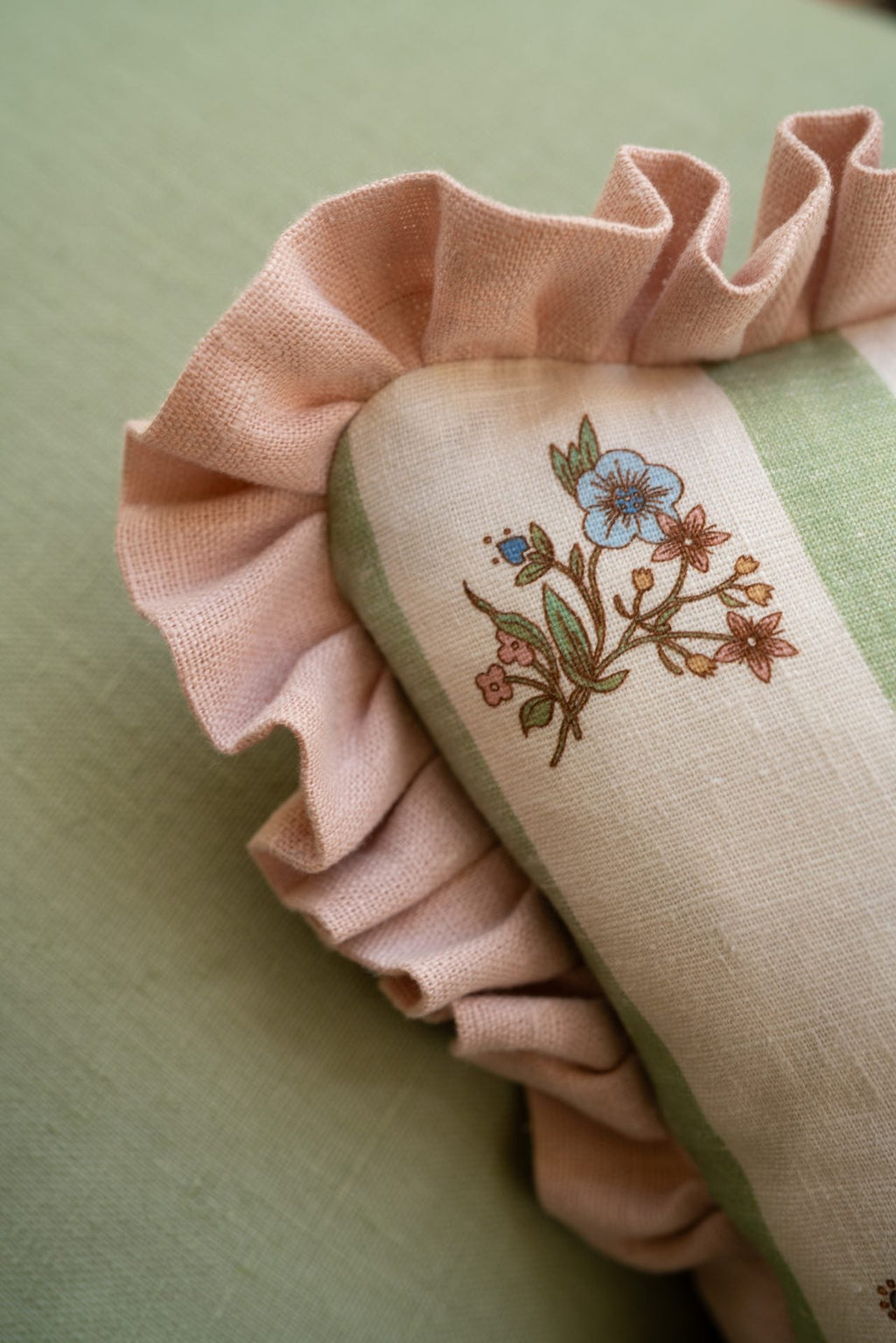 Flax & Field Posy Stripe Eucalyptus Cushion with English Rose Frill