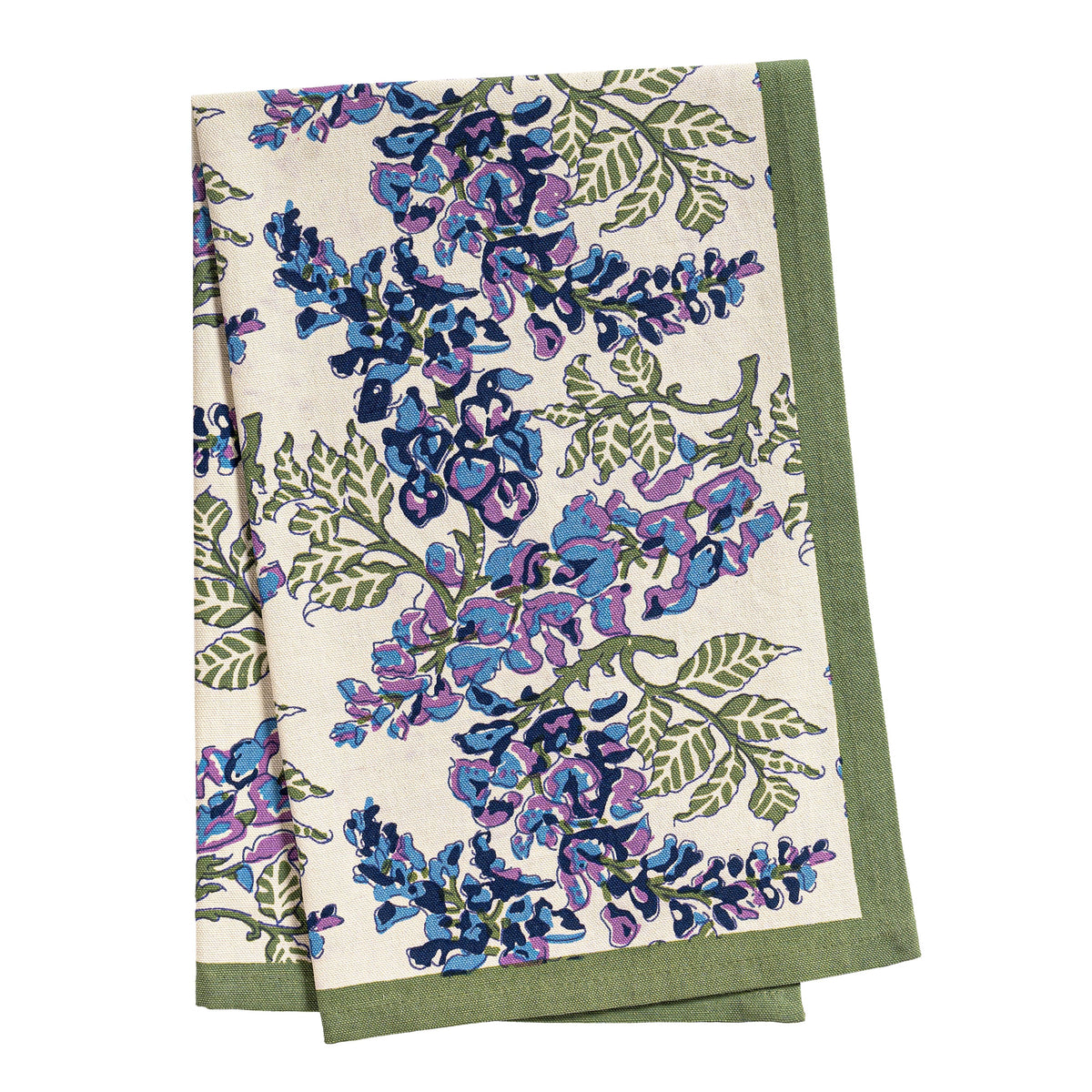 Close up of Wisteria Green and Blue Tea Towels, set of 3 showcasing blue and purple flowers, olive green vines, and ivory background