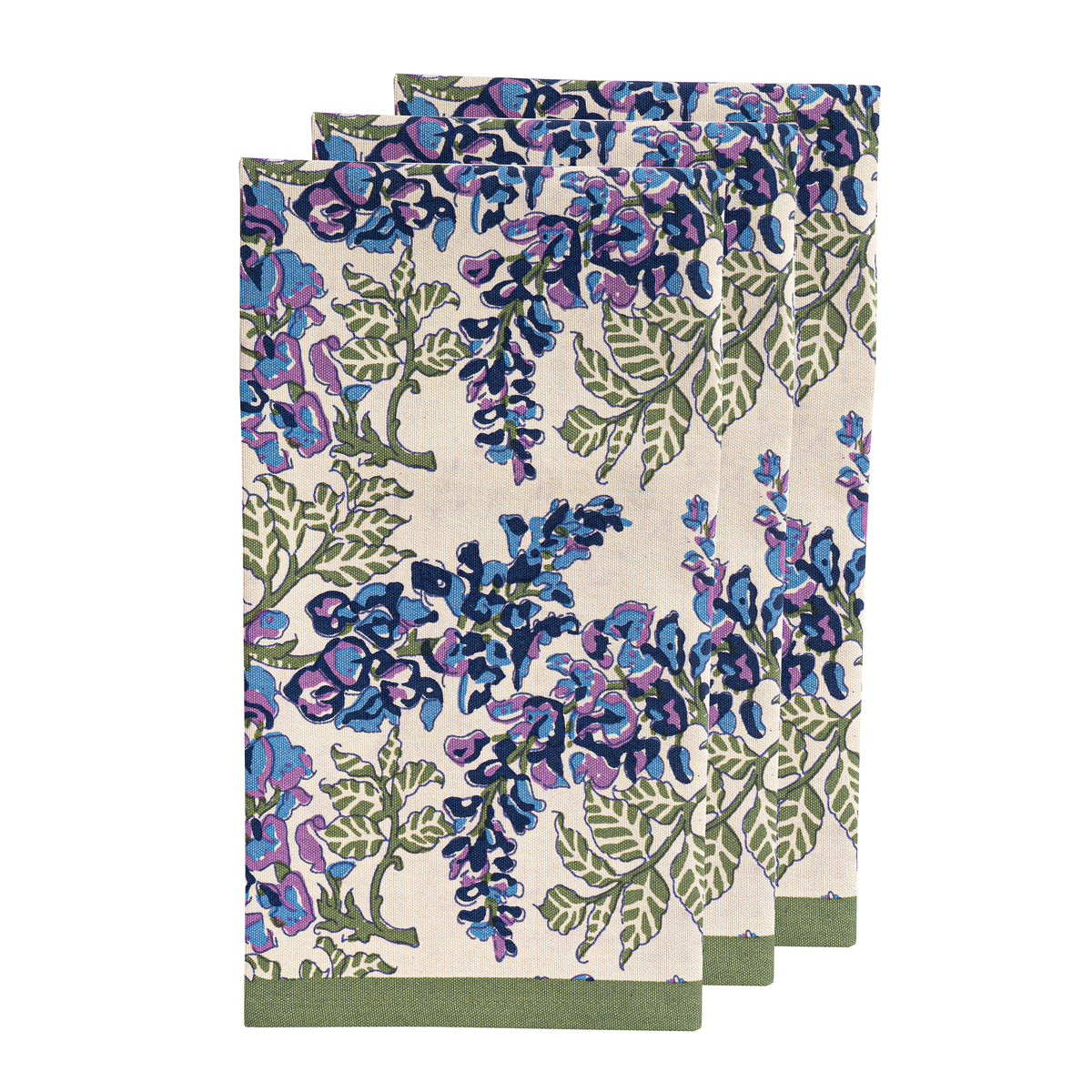 Stacked view of Wisteria Tea Towels in Blue & Green, Set of 3 showcasing floral pattern on ivory background