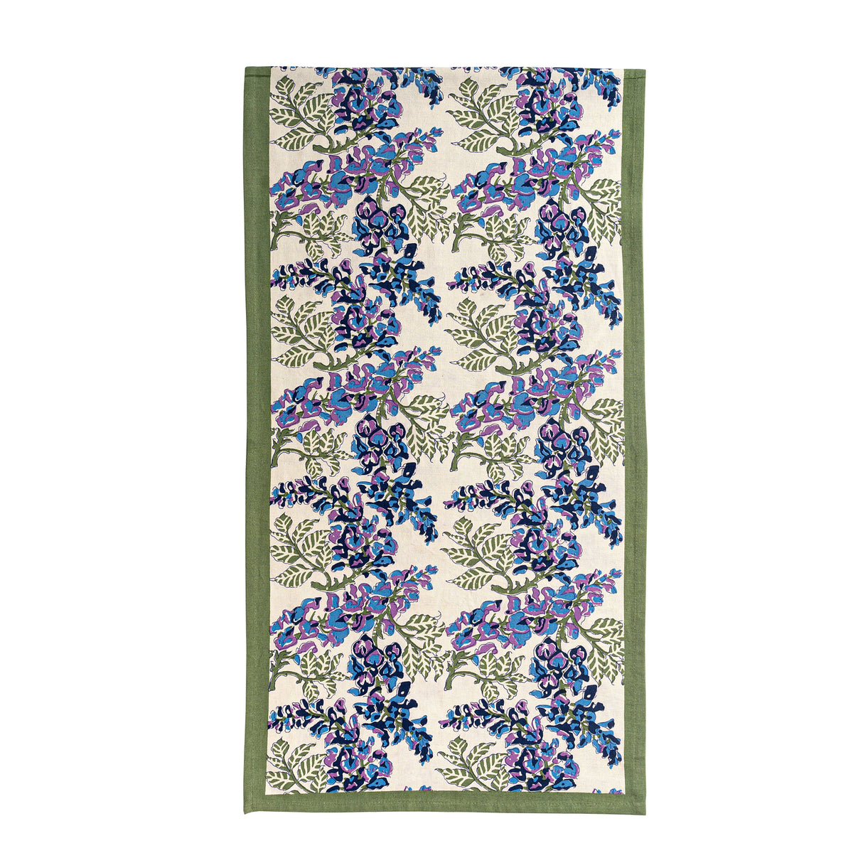 Angled view of Wisteria Green and Blue Tea Runner showcasing blue and purple flowers, ivory center, and green borders