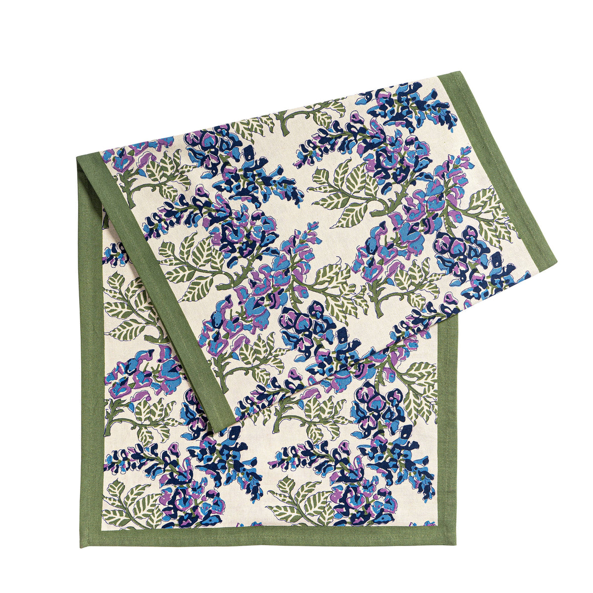 Angled view of Wisteria Green and Blue Tea Runner showcasing blue and purple flowers with olive vines on white