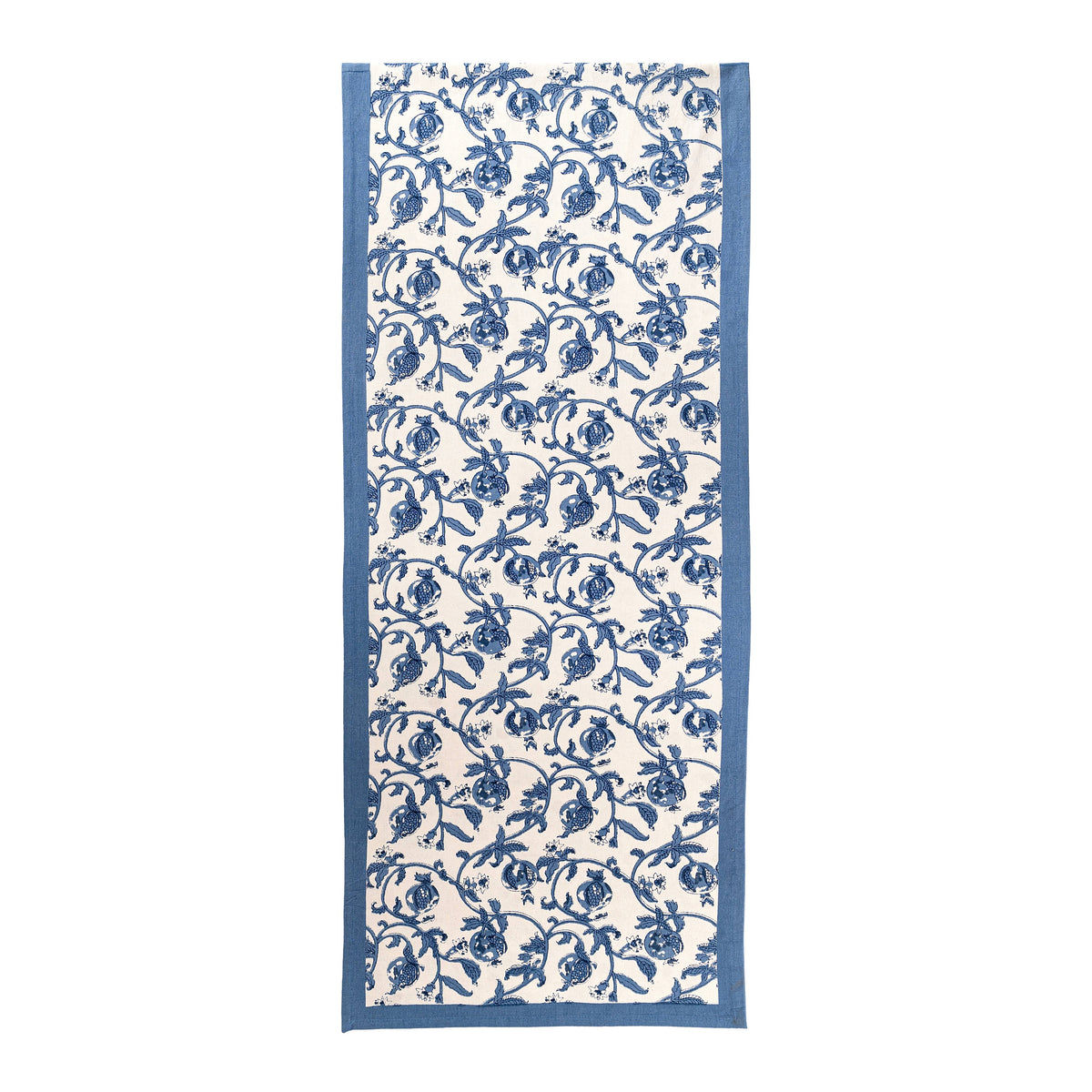 Top view of Granada Runner Cornflower Blue showcasing an intertwined floral pomegranate pattern and blue border on a white background
