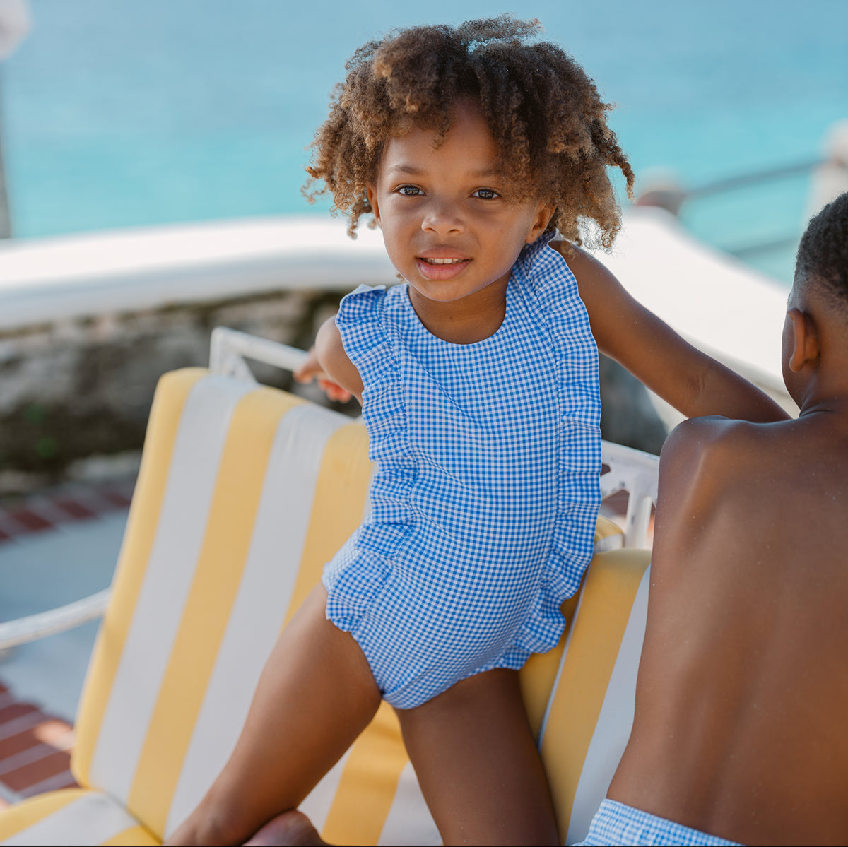 Girls Sky Blue Gingham Ruffle One Piece