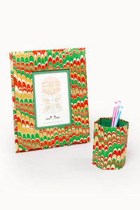 Hexagonal hand-marbled pencil holder + matching folding frame set with holiday/green/beige patterns - Inner Child