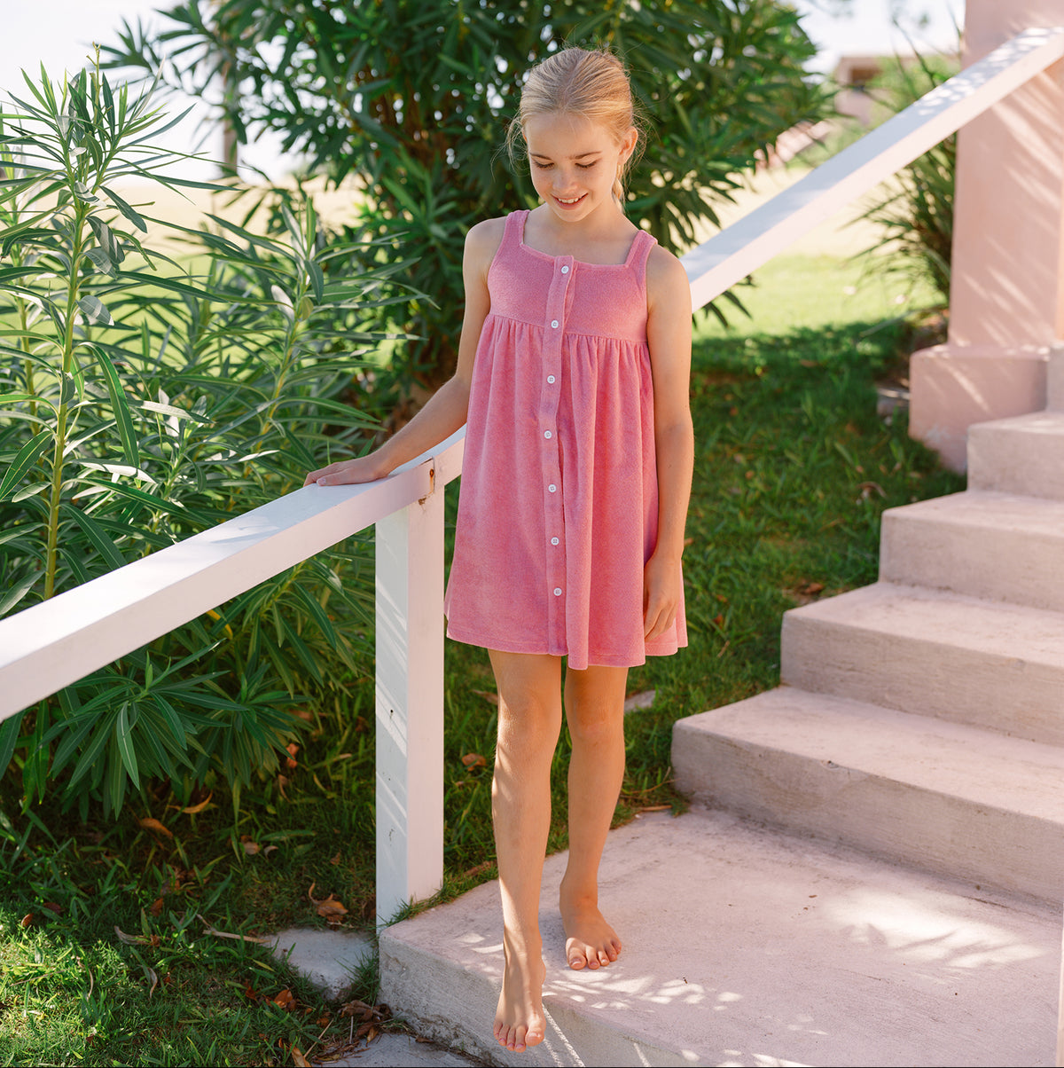 Girls Pink Sands French Terry Square Neck Button Up Dress