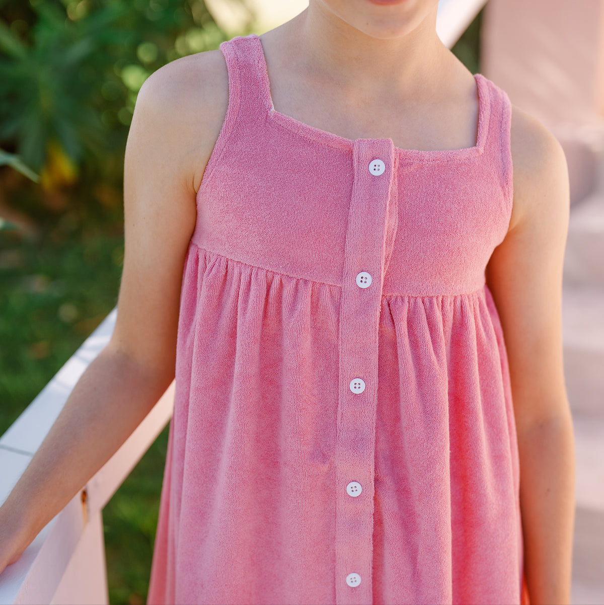 Girls Pink Sands French Terry Square Neck Button Up Dress