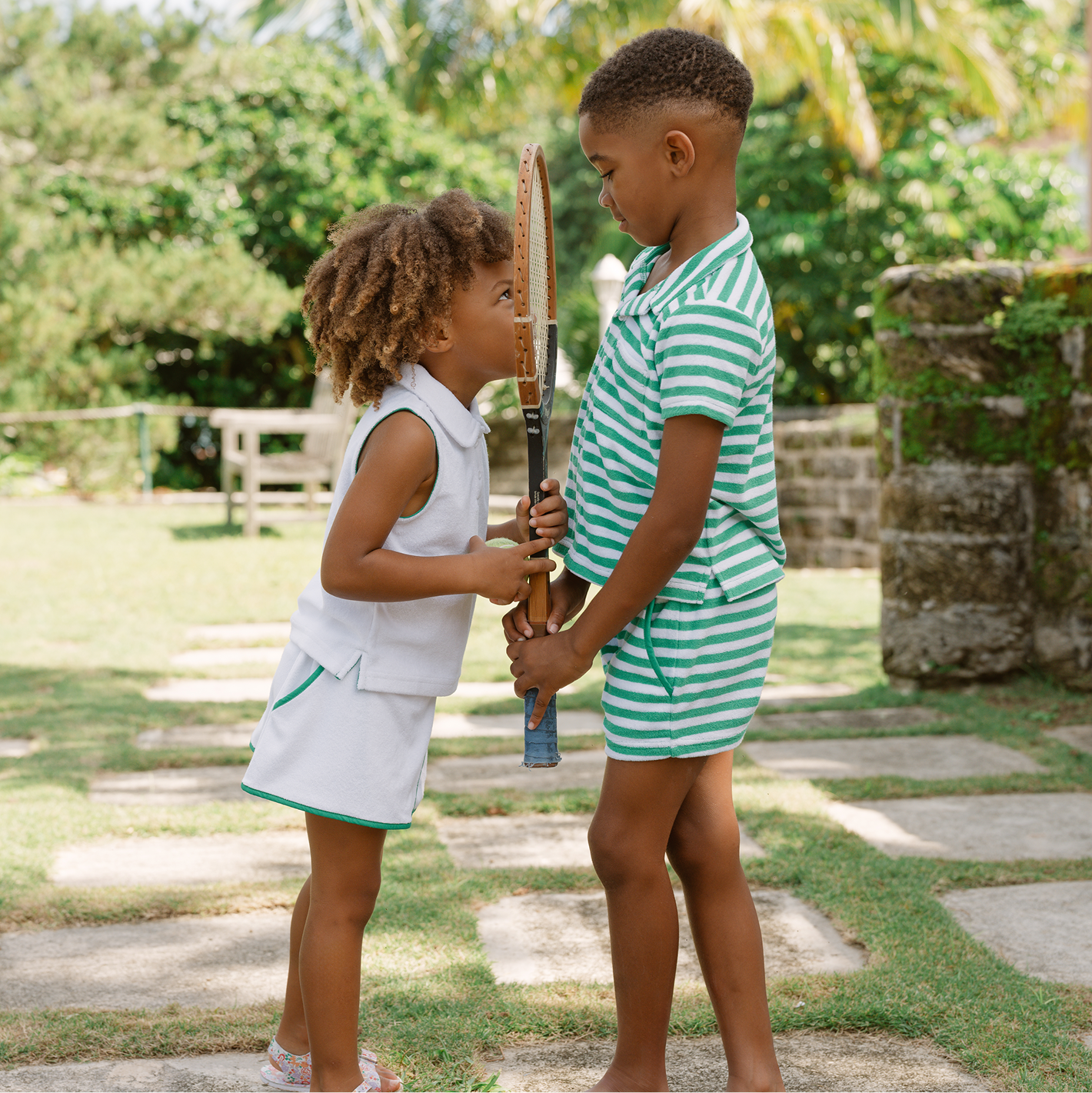 Girls White French Terry Tennis Tank Top And Skort Set With Bermuda Green Trim