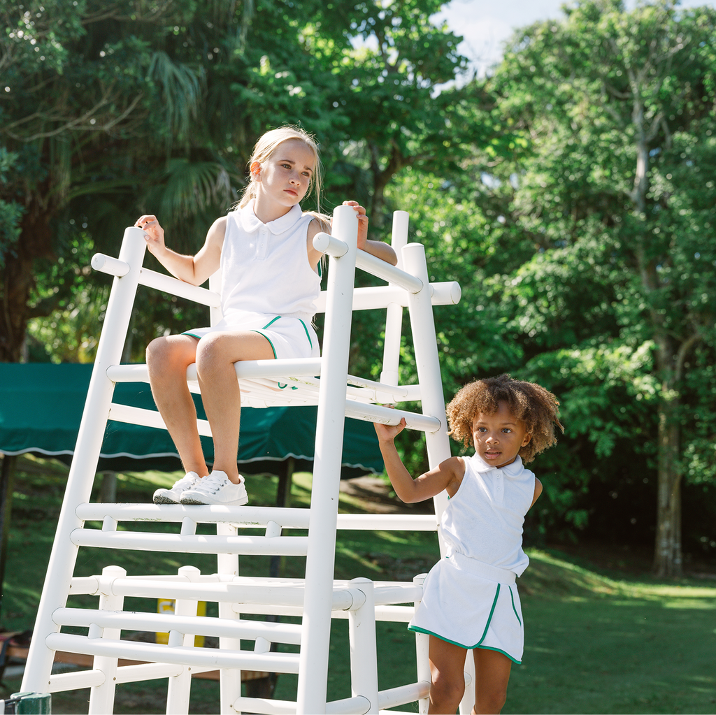 Girls White French Terry Tennis Tank Top And Skort Set With Bermuda Green Trim
