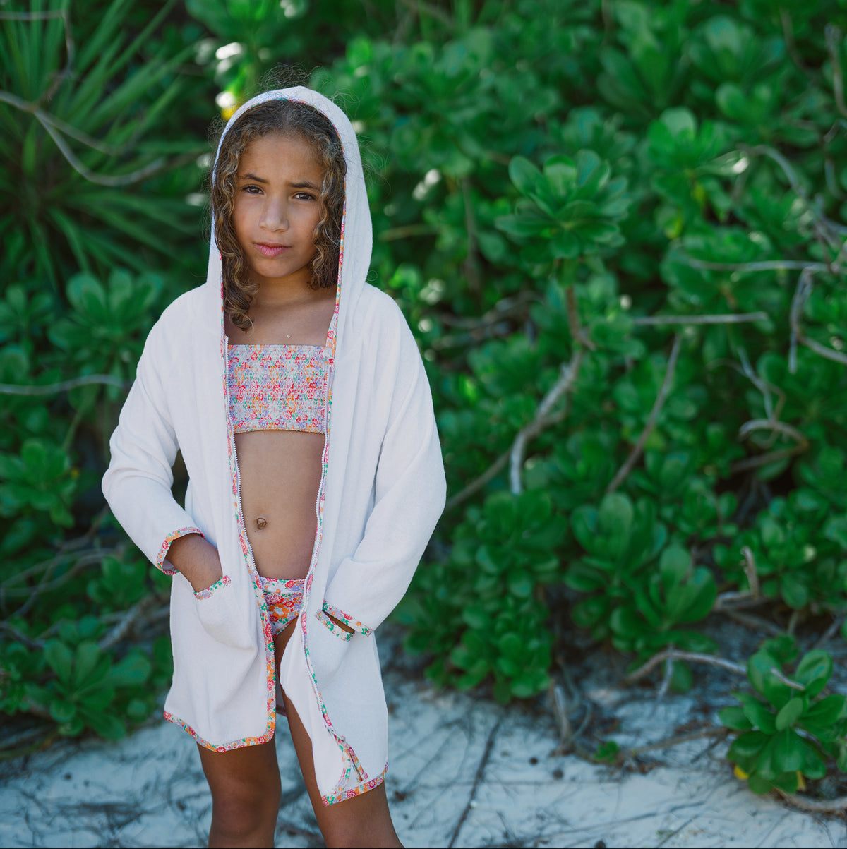Unisex White French Terry Hooded Zipper Coverup With Island Blossom Trim