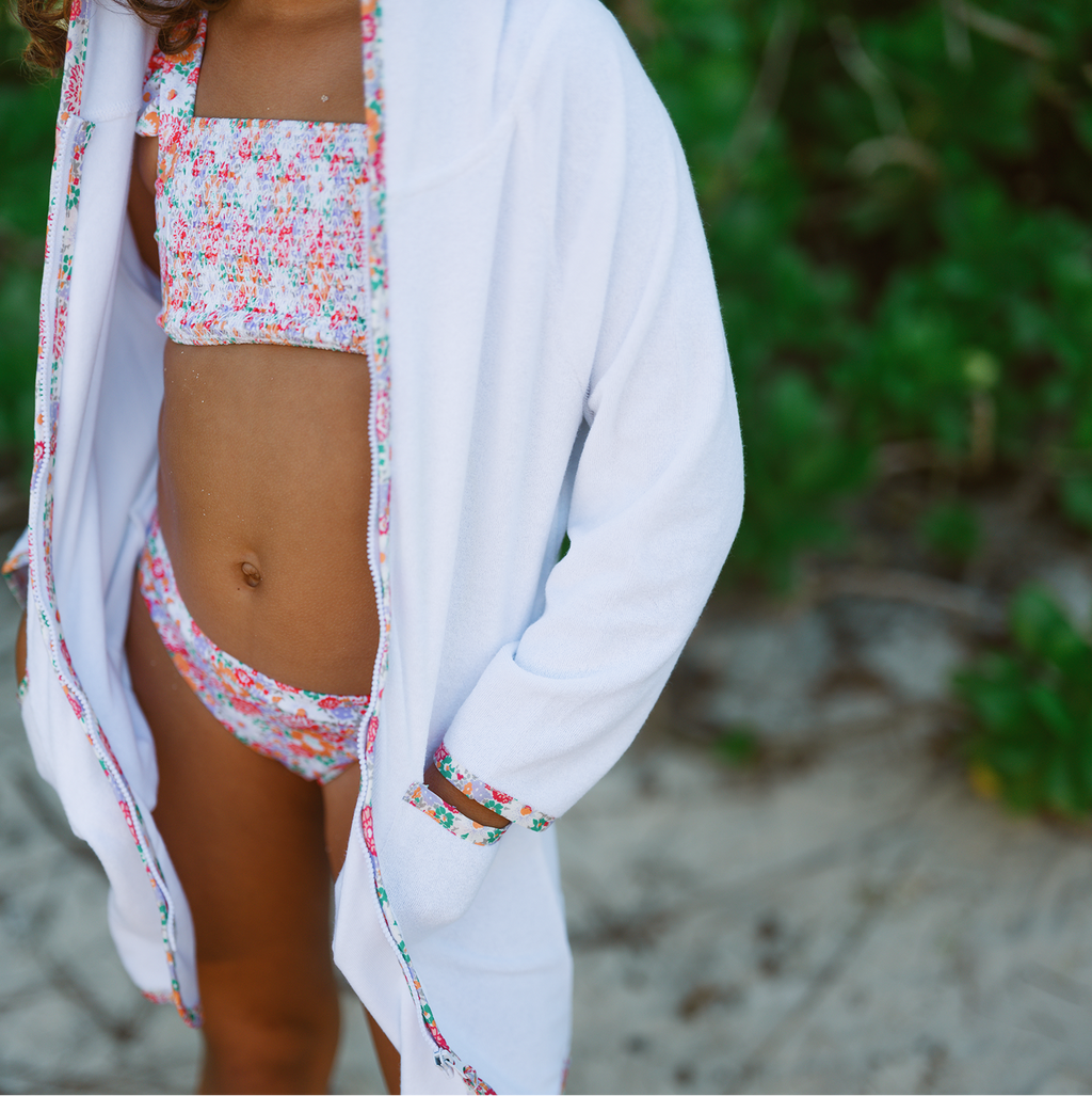 Unisex White French Terry Hooded Zipper Coverup With Island Blossom Trim