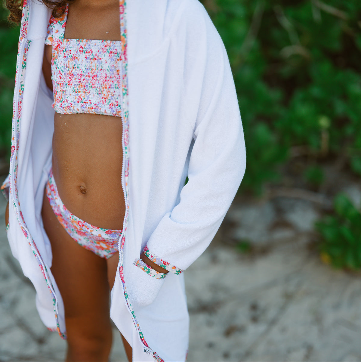 Unisex White French Terry Hooded Zipper Coverup With Island Blossom Trim