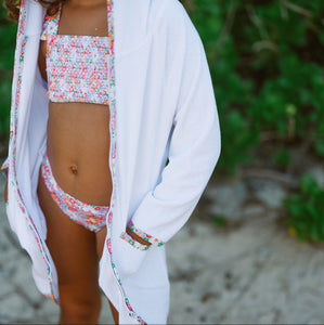 Unisex White French Terry Hooded Zipper Coverup With Island Blossom Trim