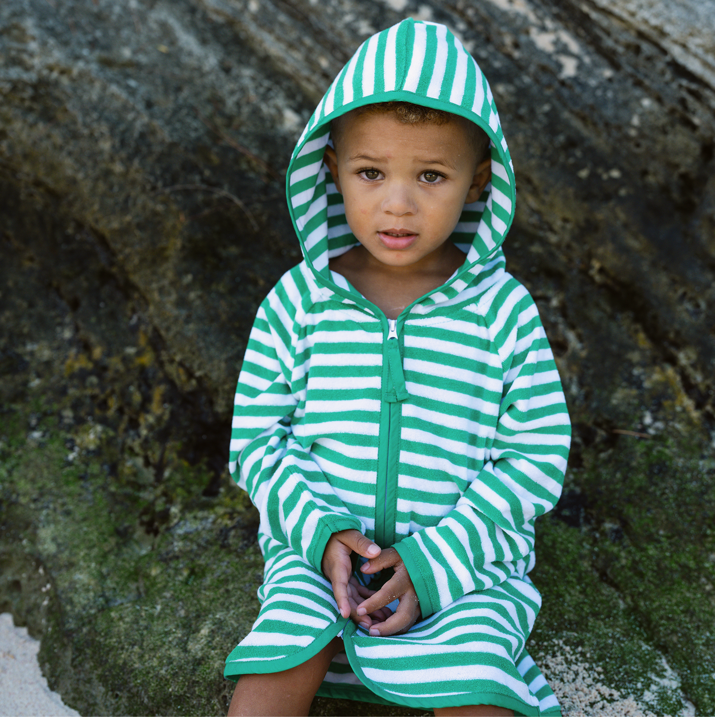 Unisex Bermuda Green Stripe French Terry Hooded Coverup