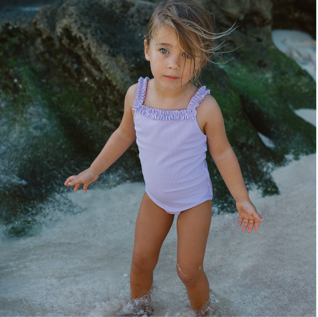 Girls Lavender Stripe Ruched Strap One Piece
