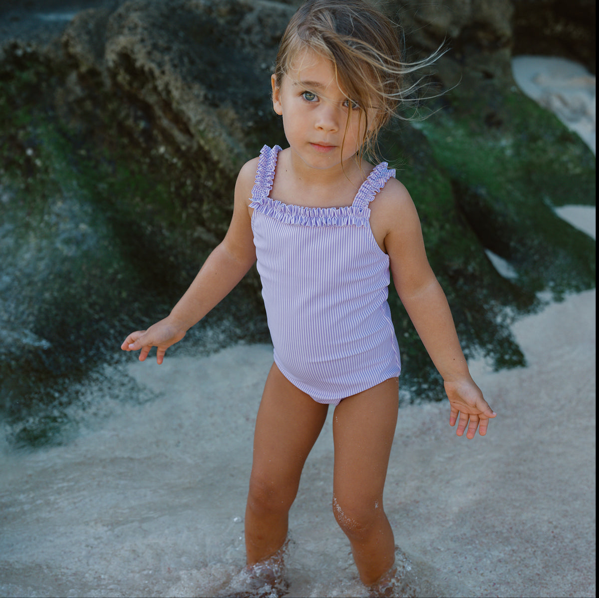 Girls Lavender Stripe Ruched Strap One Piece