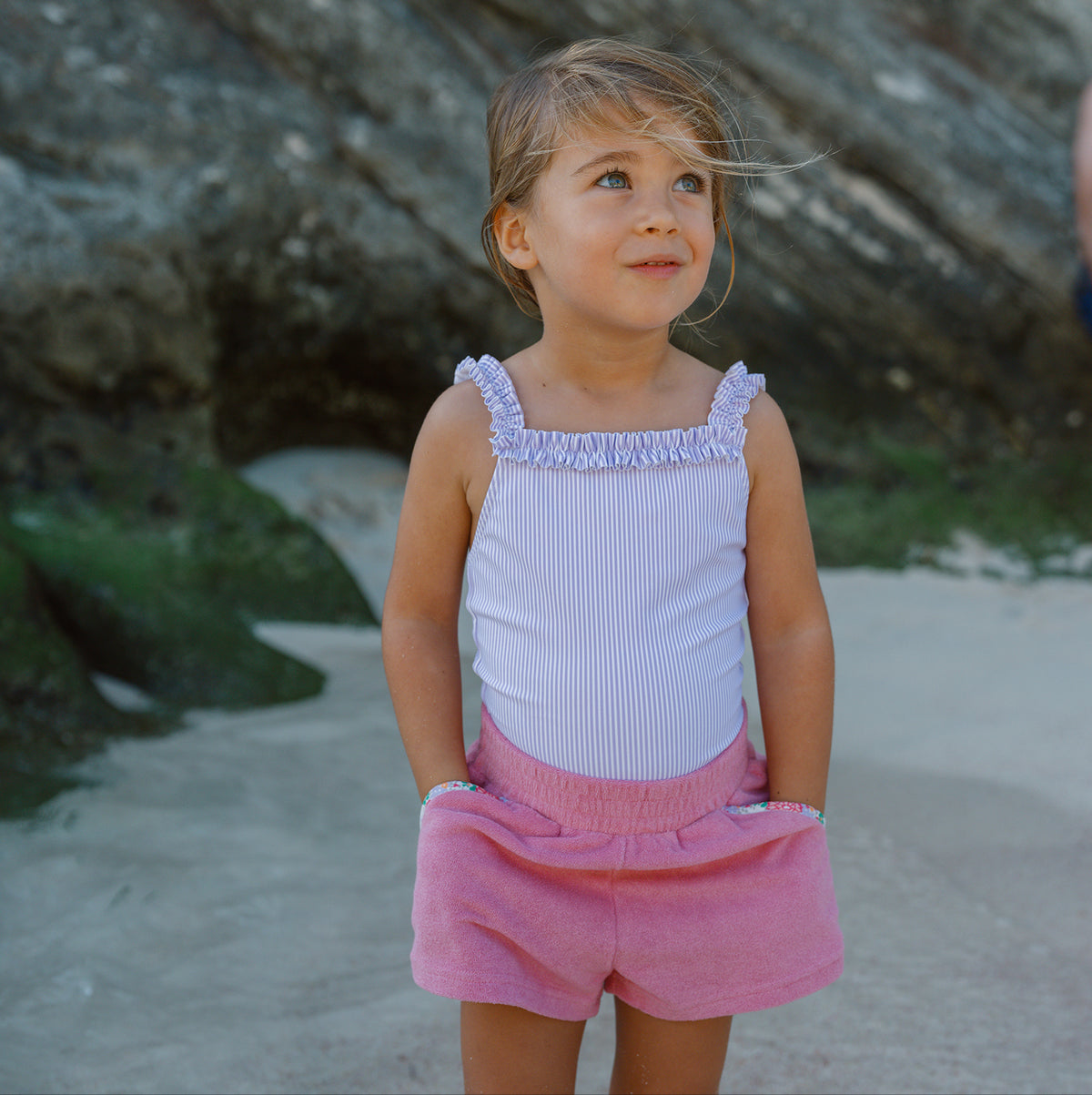 Girls Lavender Stripe Ruched Strap One Piece