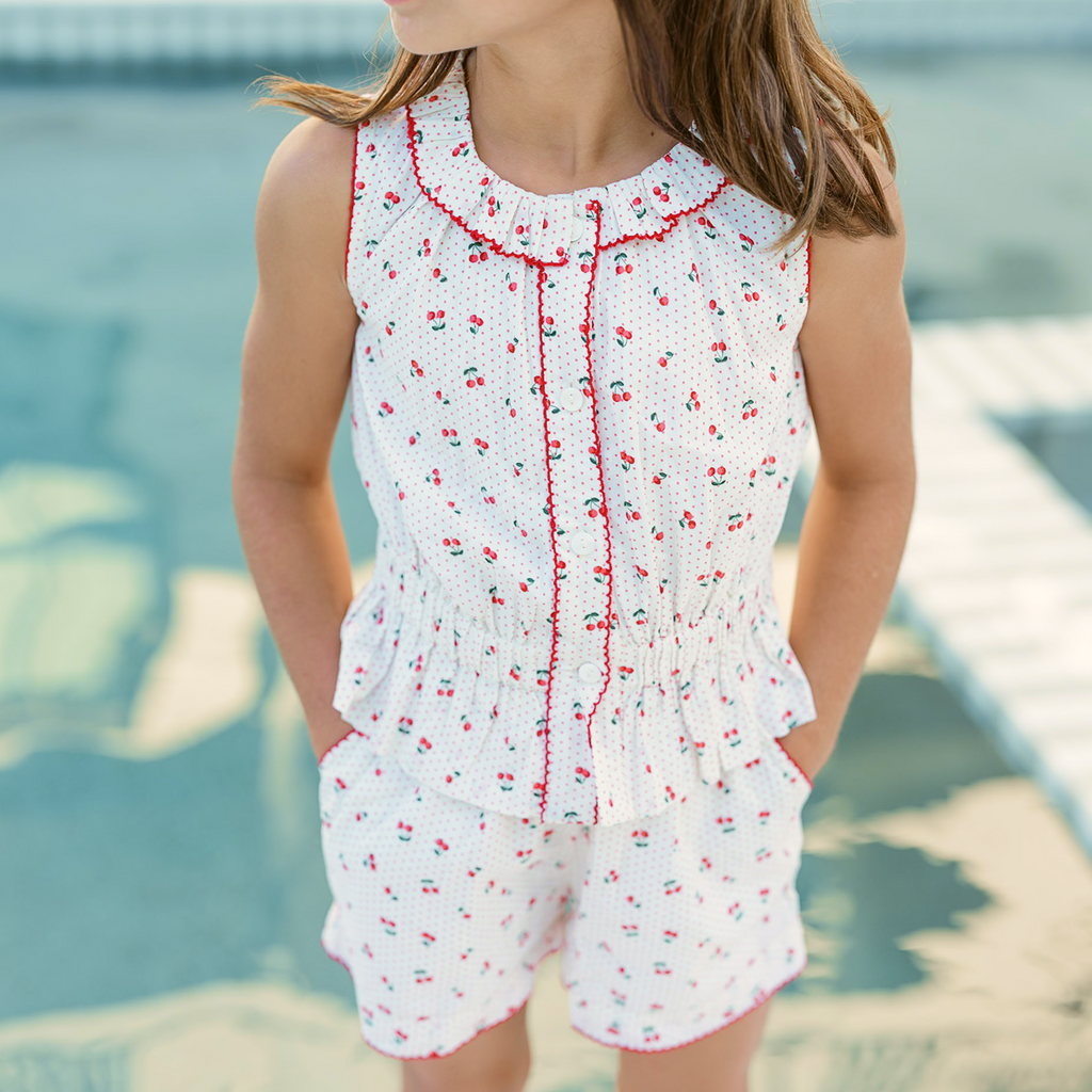 Girl’s Summer Cherries Gathered Tank Top & Short Set