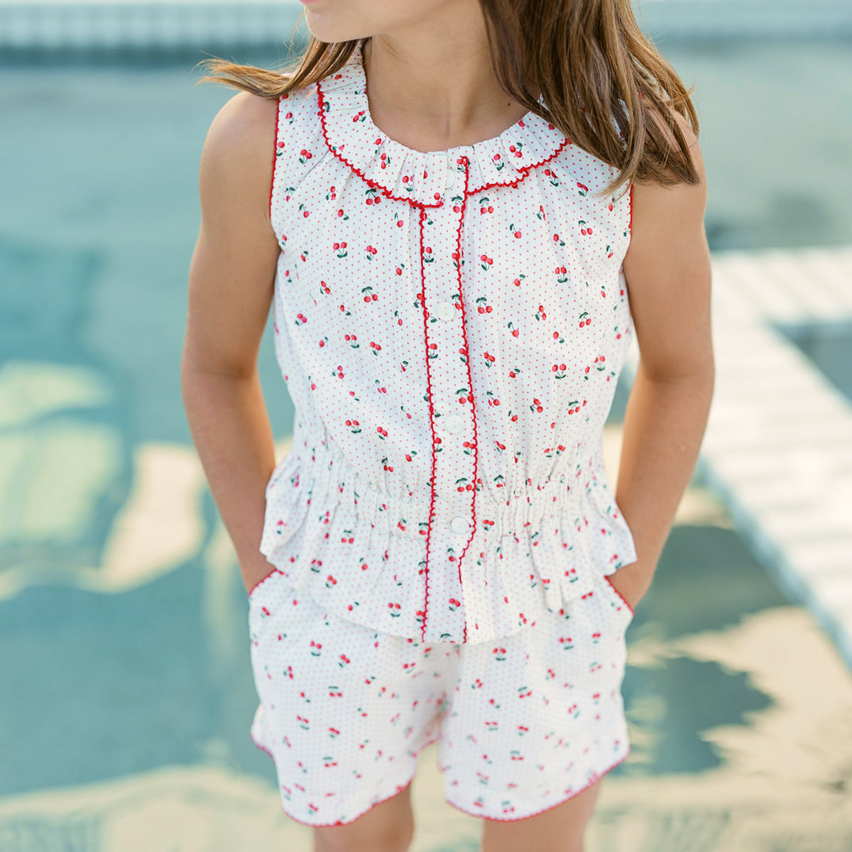 Girl’s Summer Cherries Gathered Tank Top & Short Set